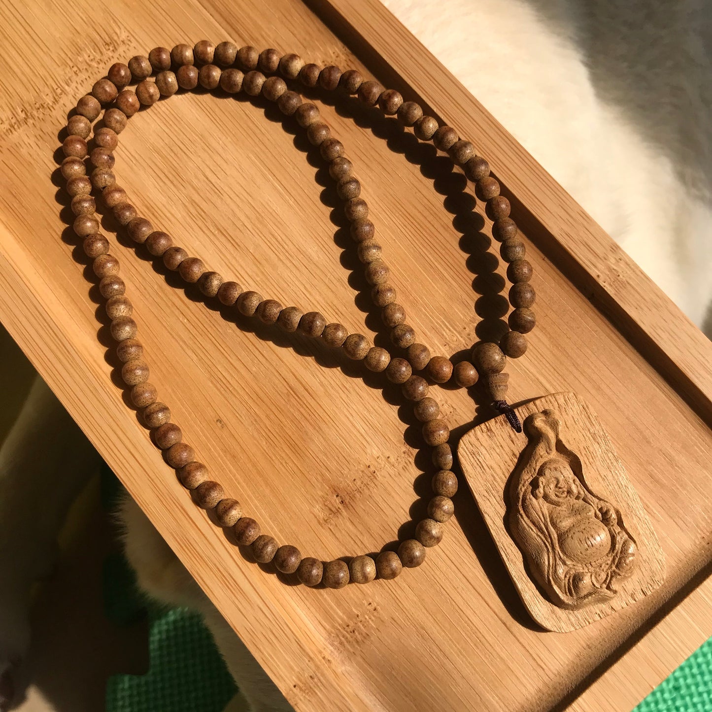 Handmade Kalimantan Agarwood Happy Maiterya Buddha Pendant Necklace Set | 108 Prayer Beads Protection Meditation Buddhism Zen
