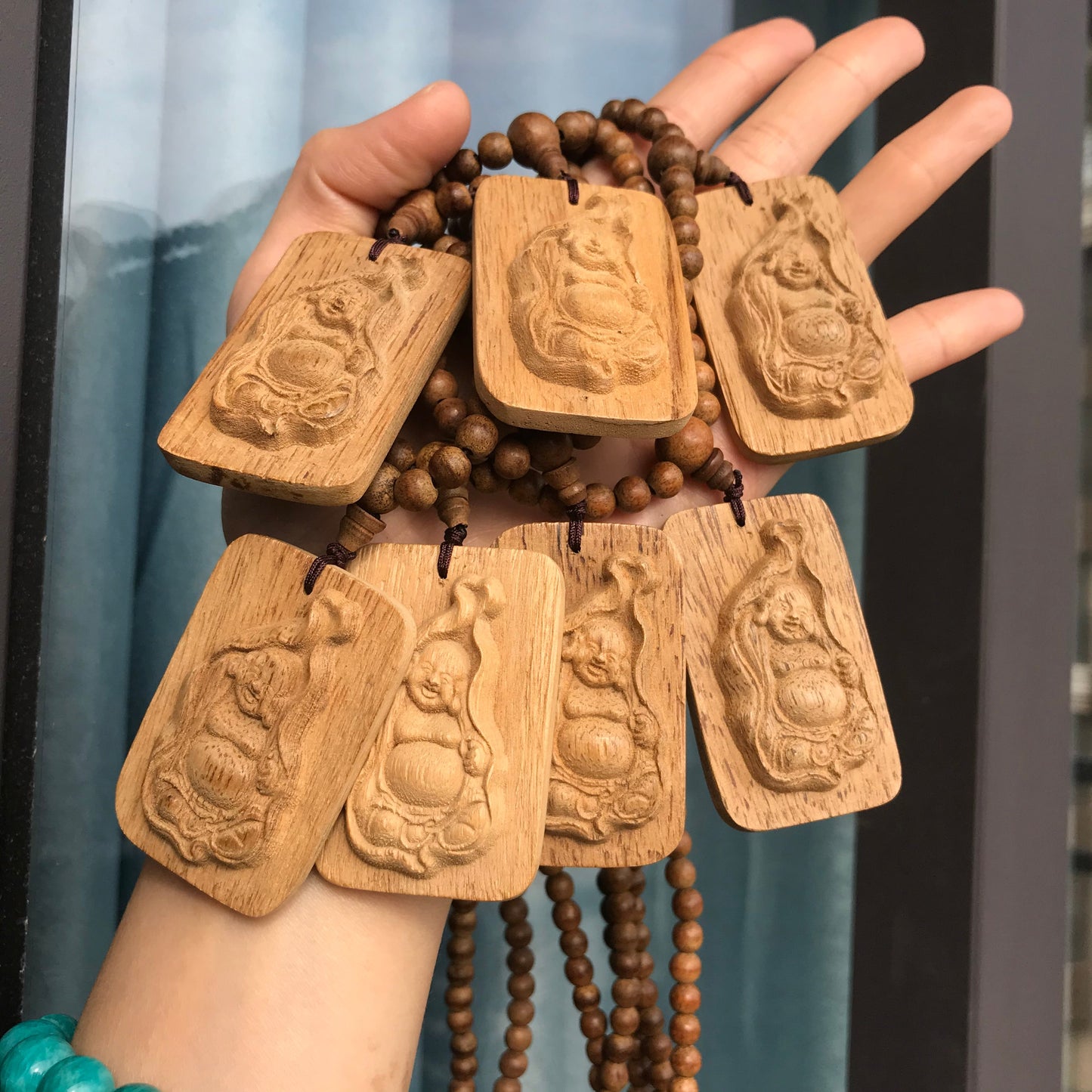 Handmade Kalimantan Agarwood Happy Maiterya Buddha Pendant Necklace Set | 108 Prayer Beads Protection Meditation Buddhism Zen