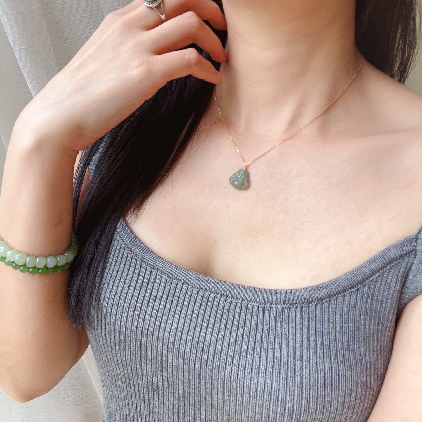 High-Quality Green Nephrite Jade Happy Buddha Pendant With 18K Yellow Gold Buckle | 925 Sterling Silver Necklace | Heart Chakra Healing Gemstone