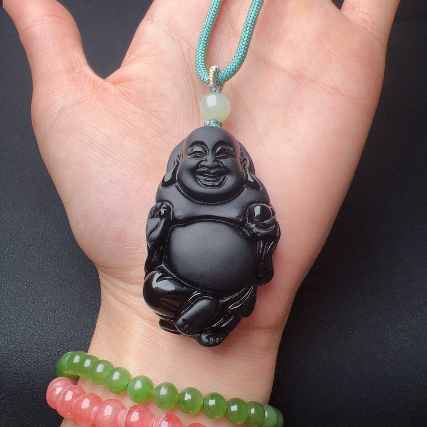 Premium Black Obsidian Buddha Pendant Necklace With Green Nephrite Jade Handmade Root Chakra Healing Jewelry