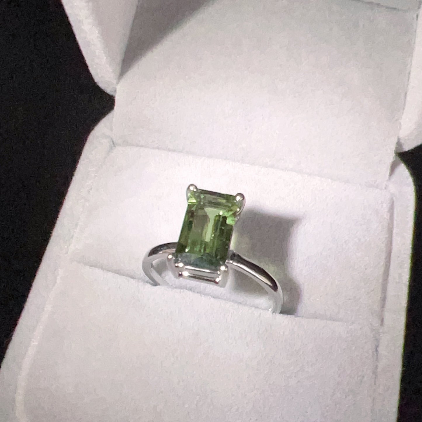 Top Grade Baguette Cut Moldavite Ring | Natural Czech Green Gemstone | Rare High-Frequency Heart Chakra Healing Stone