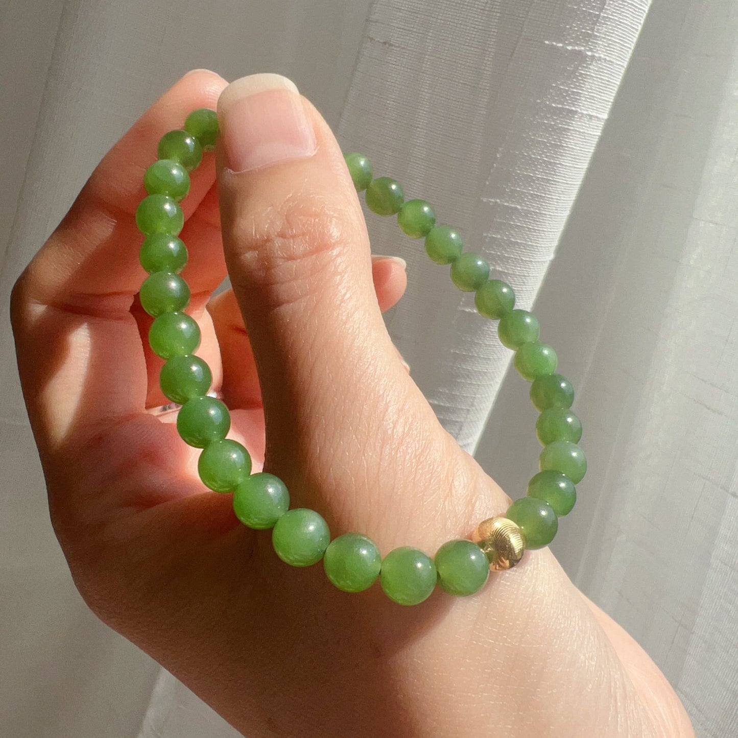 Best Green Nephrite Jade Bracelet With 18K Yellow Gold Cat Eye Bead | Natural Heart Chakra Healing Stone Jewelry