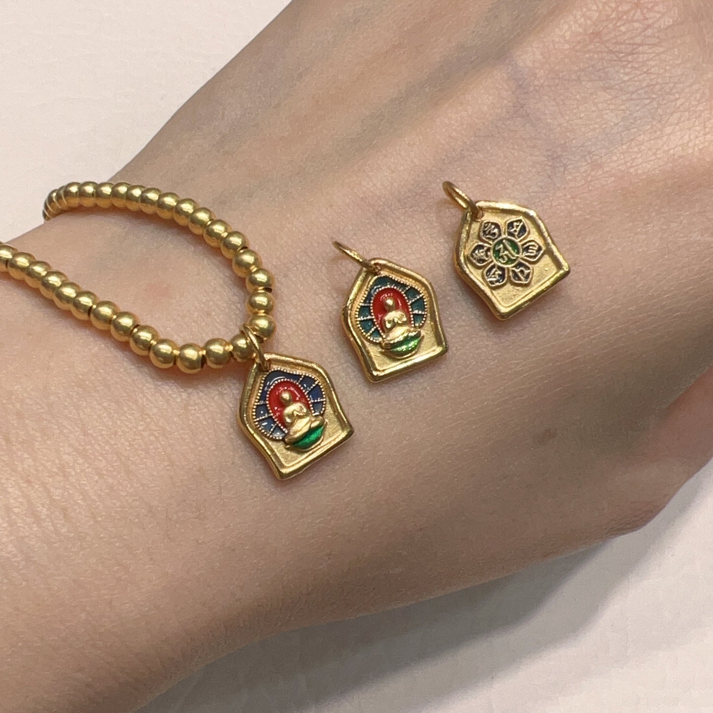 18K Yellow Gold Sakyamuni Buddha Six Mantra Symbols Hand-Painted Pendants For Diy Jewelry Projects