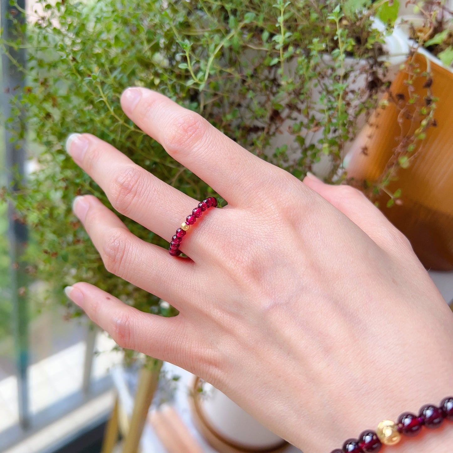 3Mm Protection Red Garnet Crystal Ring With 18K Yellow Gold Bead | Root Chakra Healing Stone Jewelry