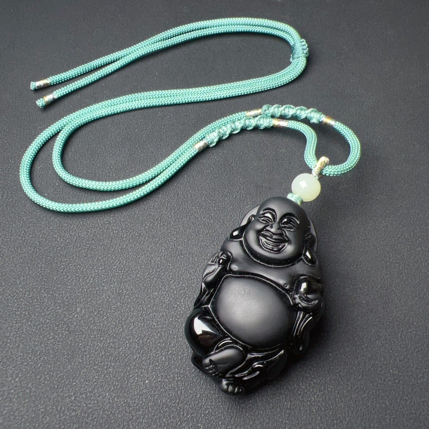 Premium Black Obsidian Buddha Pendant Necklace With Green Nephrite Jade Handmade Root Chakra Healing Jewelry