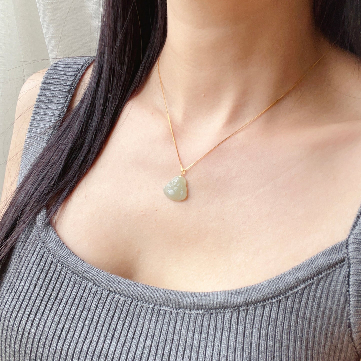 High-Quality Light Green Nephrite Jade Happy Buddha Pendant With 18K Yellow Gold Buckle | 925 Sterling Silver Necklace | Heart Chakra Healing Gemstone