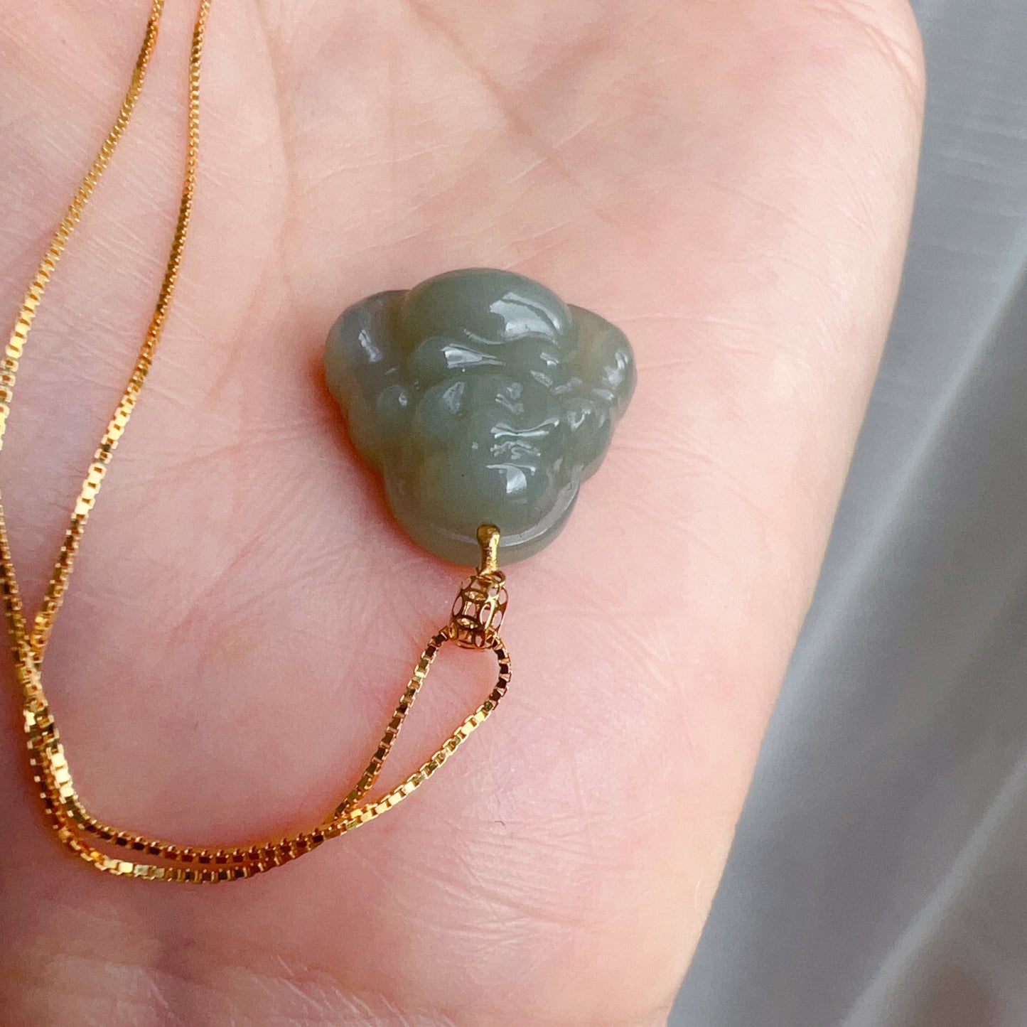 High-Quality Green Nephrite Jade Happy Buddha Pendant With 18K Yellow Gold Buckle | 925 Sterling Silver Necklace | Heart Chakra Healing Gemstone