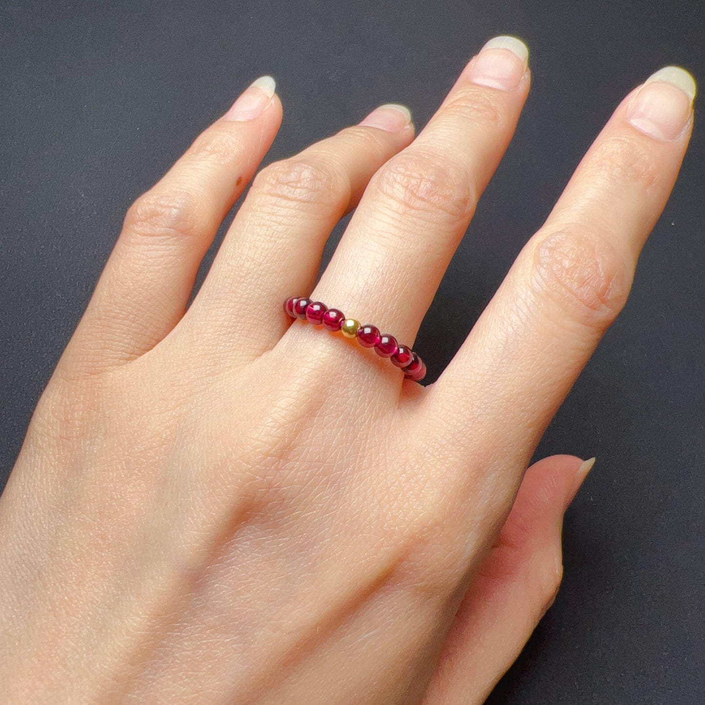 3Mm Protection Red Garnet Crystal Ring With 18K Yellow Gold Bead | Root Chakra Healing Stone Jewelry