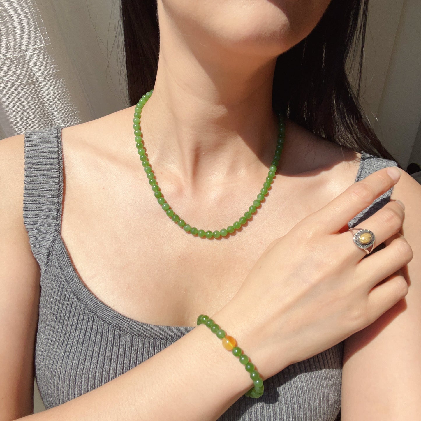 Premium Green Nephrite Jade Beaded Necklace With 925 Sterling Silver Clasp | Natural Heart Chakra Healing Stone Jewelry