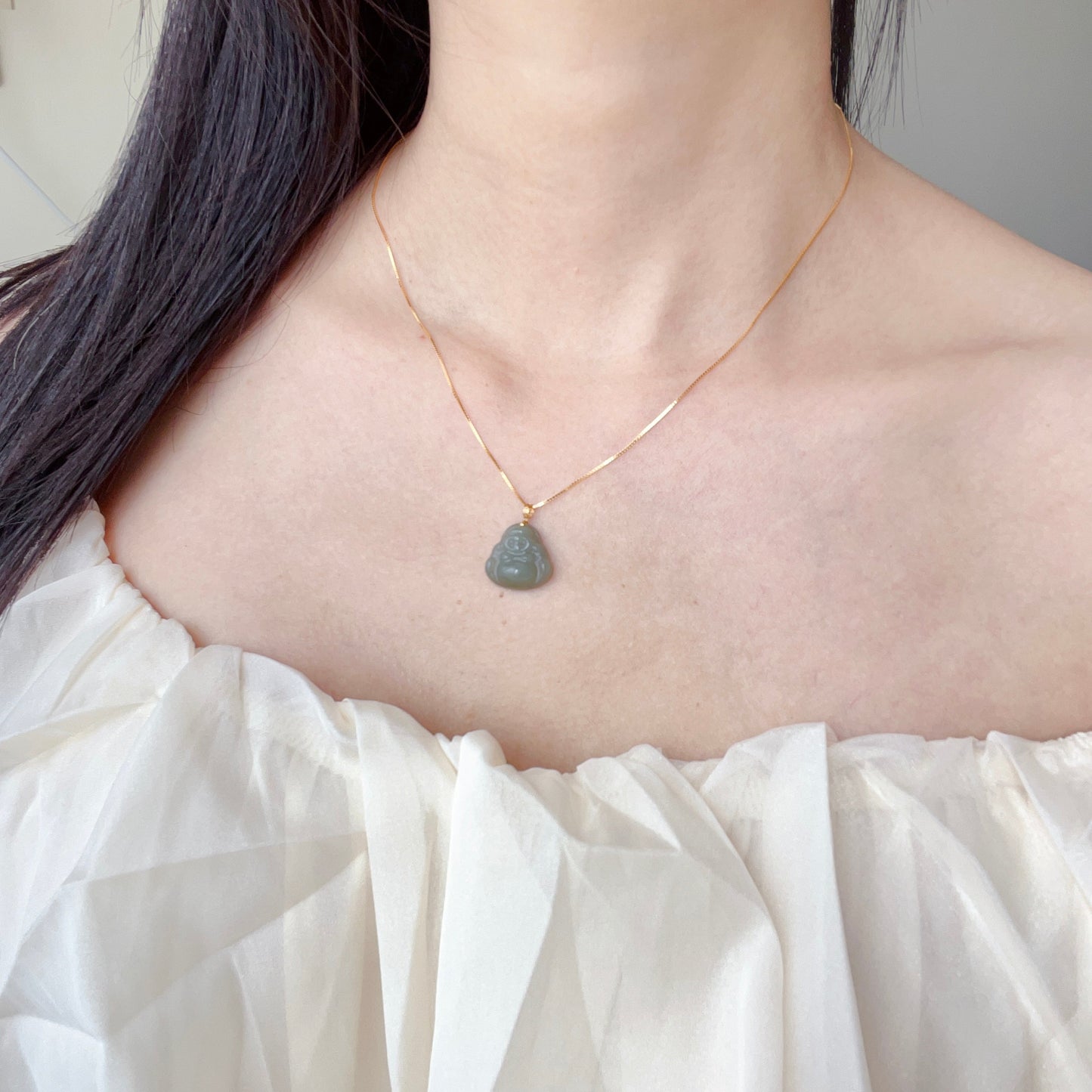 High-Quality Green Nephrite Jade Happy Buddha Pendant With 18K Yellow Gold Buckle | 925 Sterling Silver Necklace | Heart Chakra Healing Gemstone