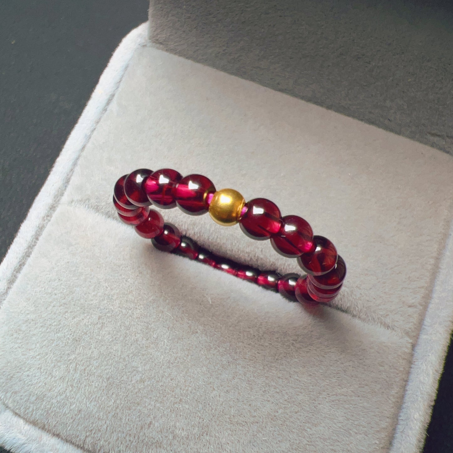 3Mm Protection Red Garnet Crystal Ring With 18K Yellow Gold Bead | Root Chakra Healing Stone Jewelry