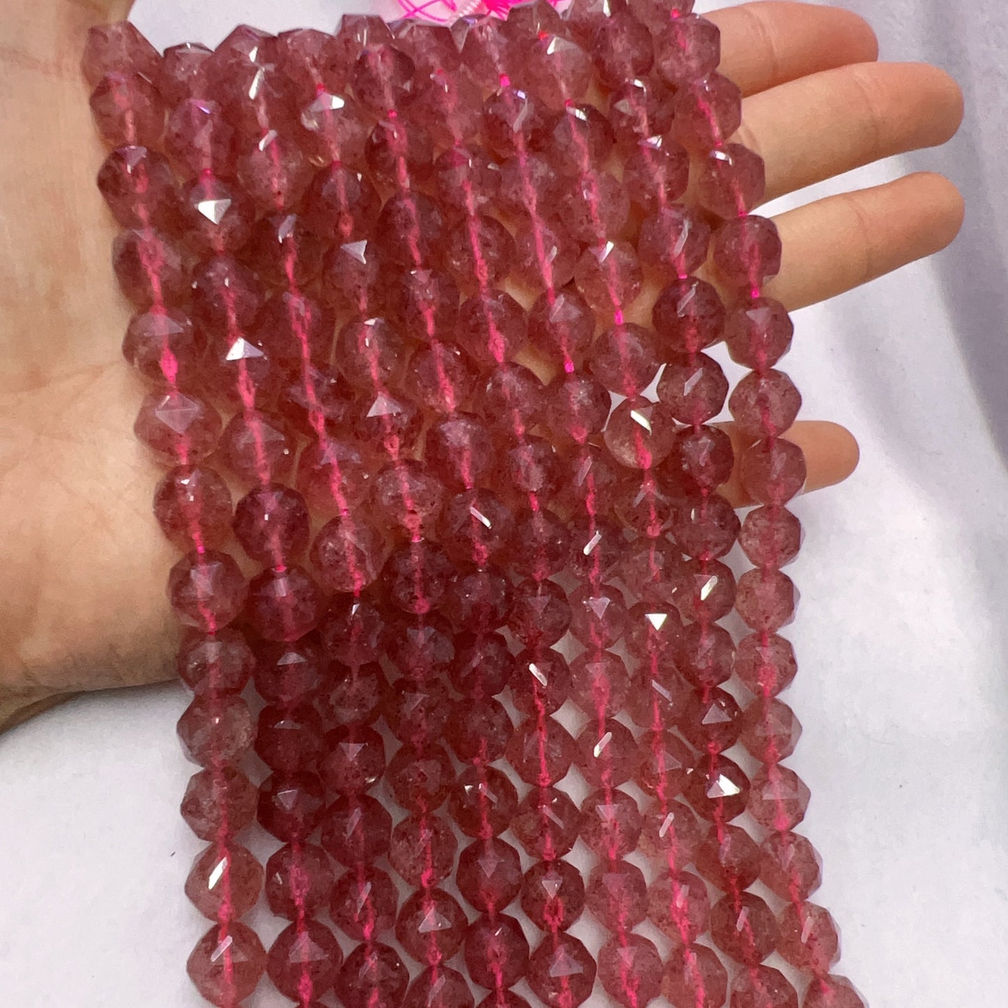 9.5Mm High-Quality Natural Strawberry Quartz Diamond Cut Faceted Bead Strands Jewelry Findings Supplies