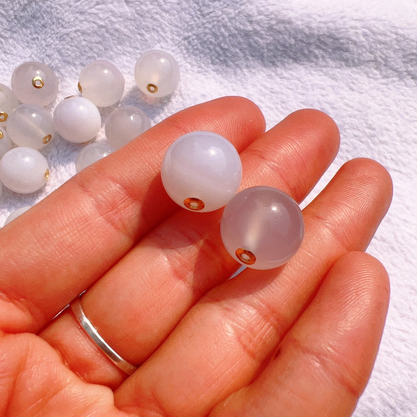 14Mm Natural White Chalcedony Round Bead With 18K Yellow Gold Spacers For Diy Jewelry Project