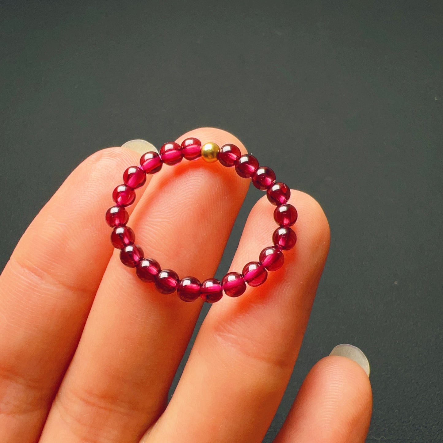 3Mm Protection Red Garnet Crystal Ring With 18K Yellow Gold Bead | Root Chakra Healing Stone Jewelry