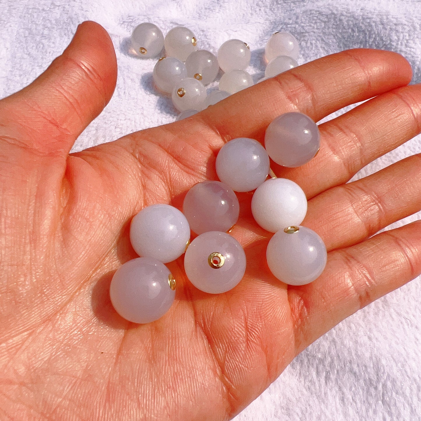 14Mm Natural White Chalcedony Round Bead With 18K Yellow Gold Spacers For Diy Jewelry Project