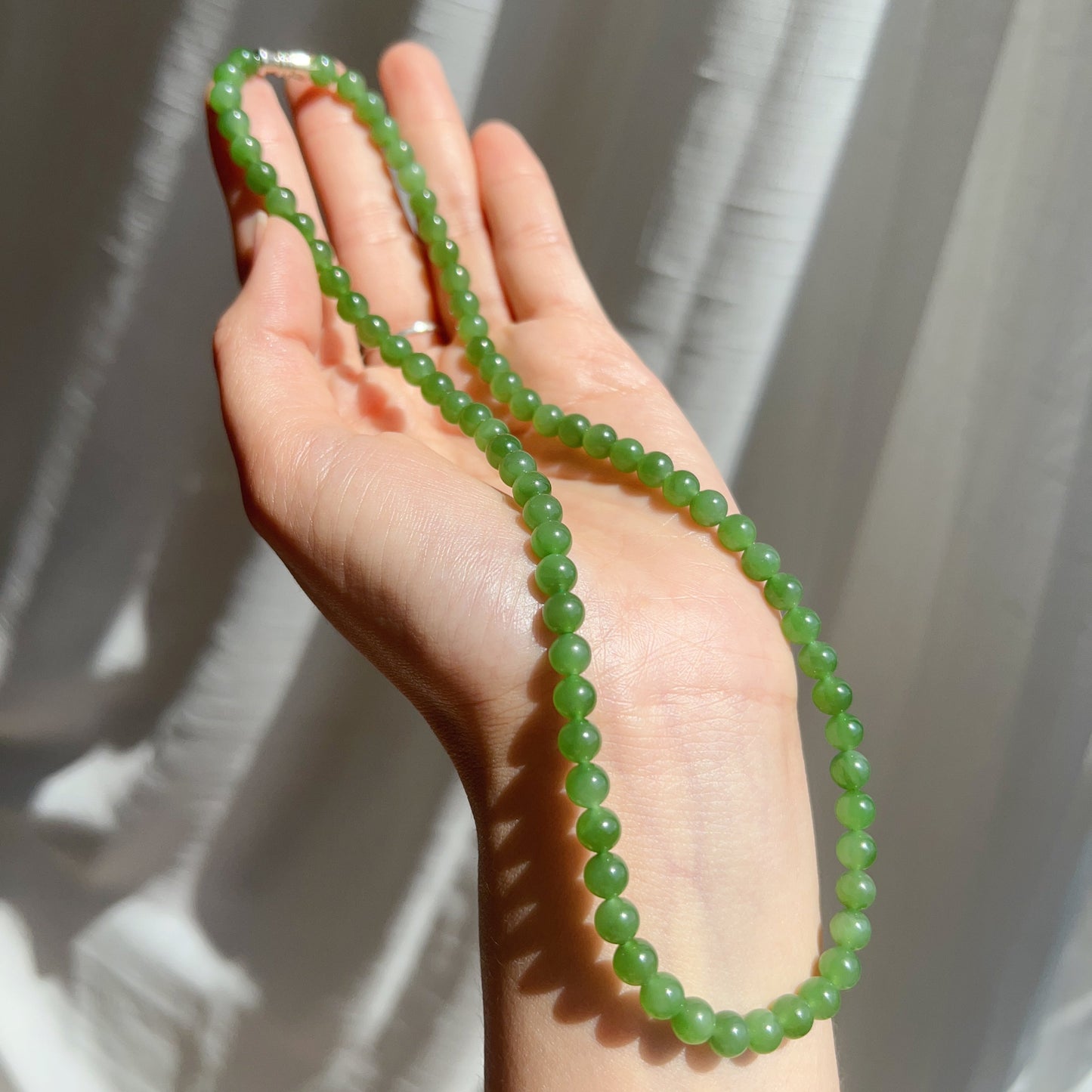 Premium Green Nephrite Jade Beaded Necklace With 925 Sterling Silver Clasp | Natural Heart Chakra Healing Stone Jewelry
