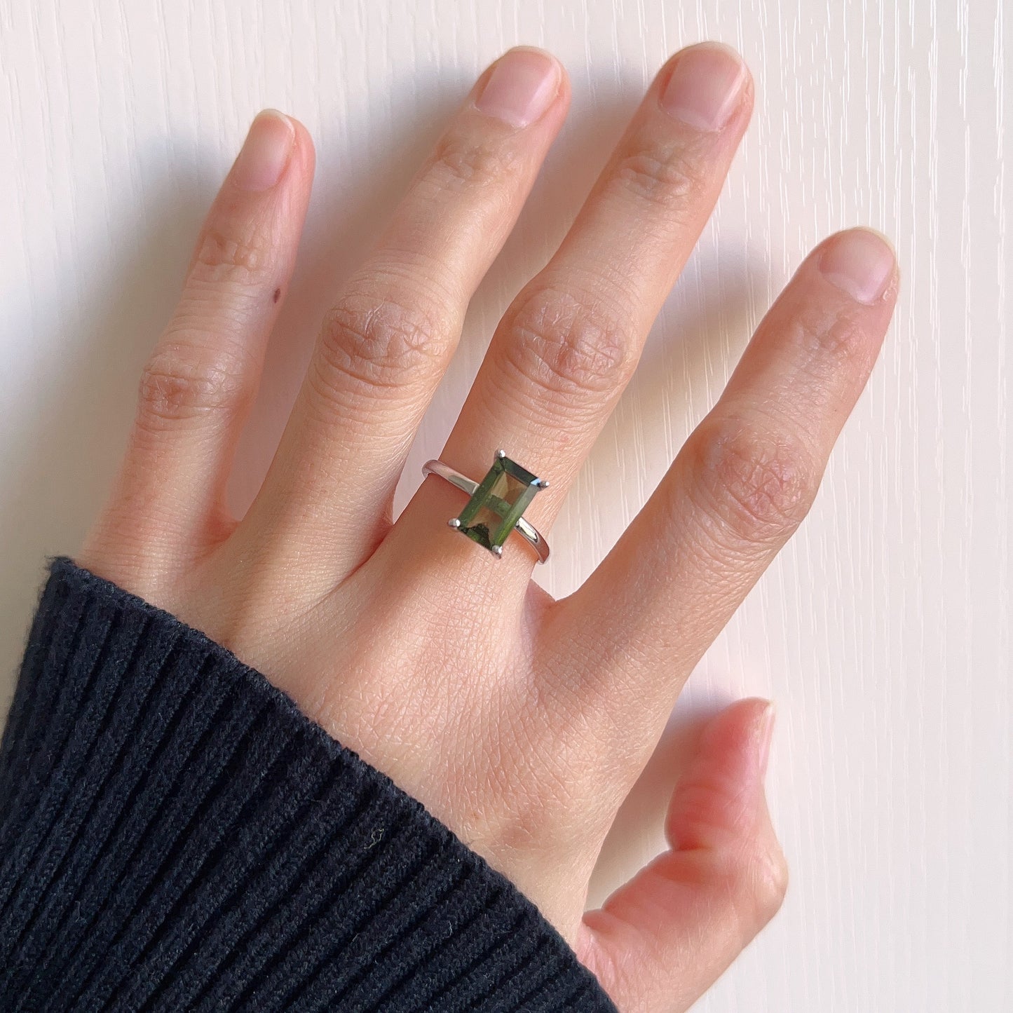Top Grade Baguette Cut Moldavite Ring | Natural Czech Green Gemstone | Rare High-Frequency Heart Chakra Healing Stone