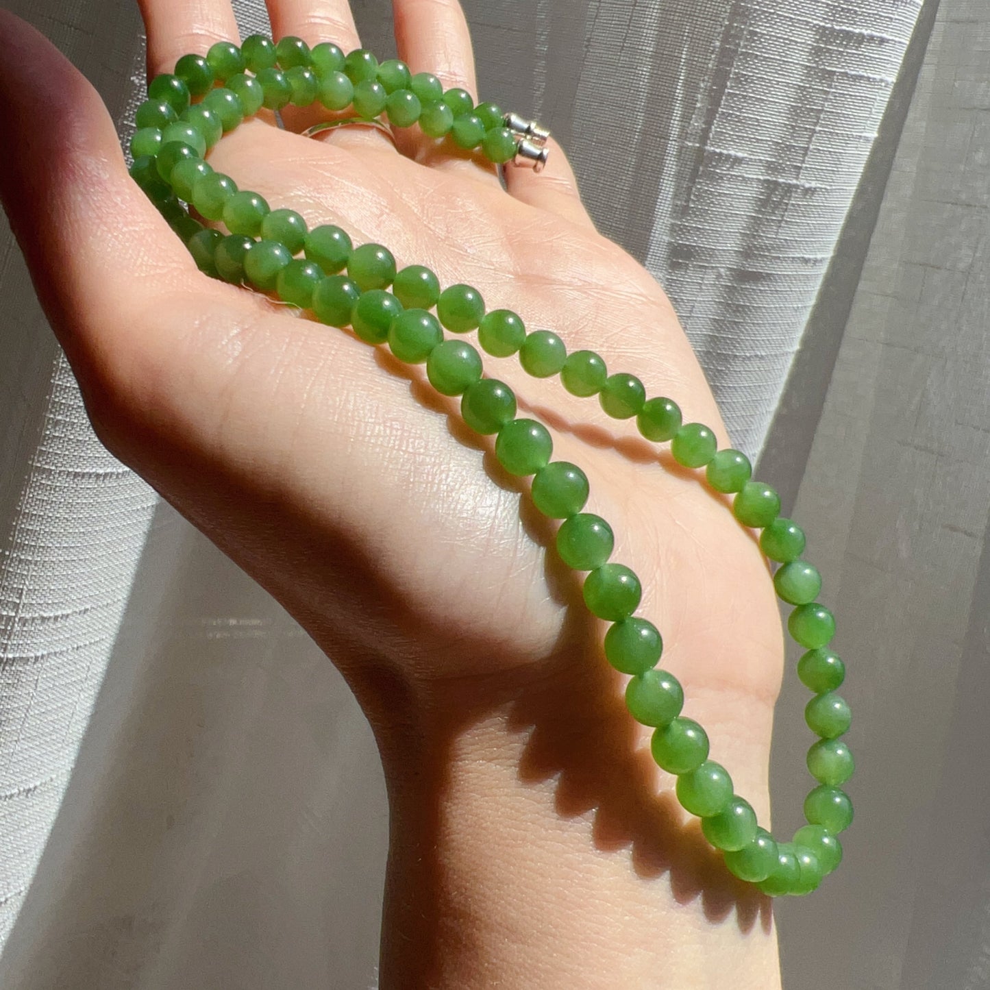 Premium Green Nephrite Jade Beaded Necklace With 925 Sterling Silver Clasp | Natural Heart Chakra Healing Stone Jewelry