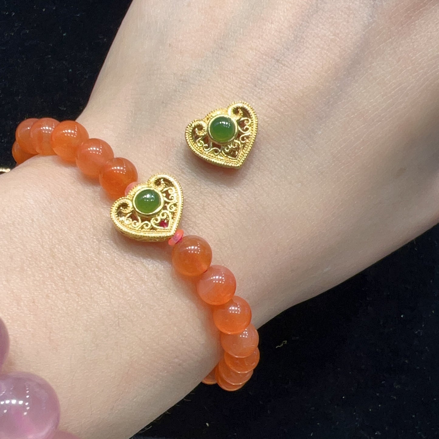 18K Yellow Gold With Green Nephrite Setting Heart Shape Bead Charms For Diy Jewelry Projects