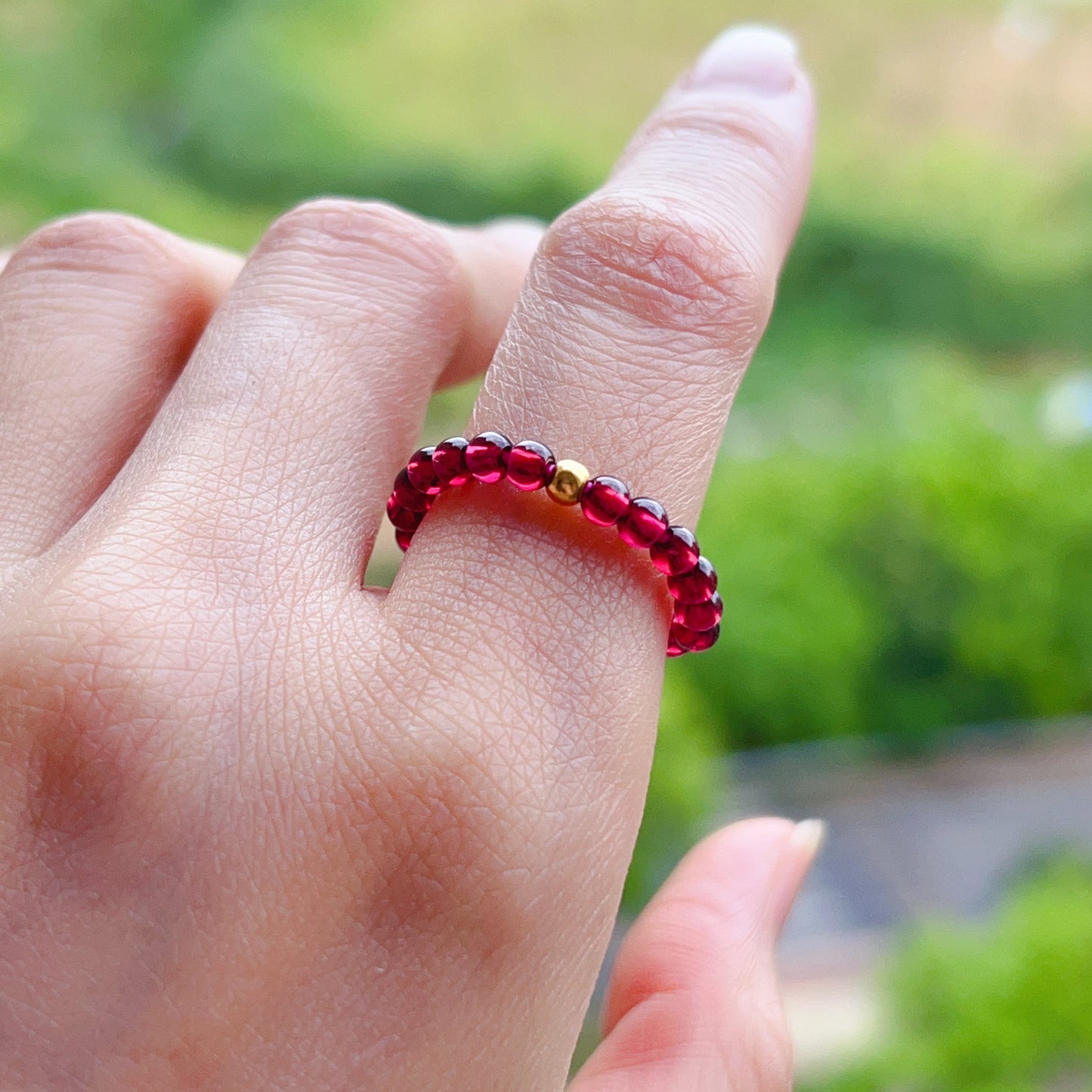 3Mm Protection Red Garnet Crystal Ring With 18K Yellow Gold Bead | Root Chakra Healing Stone Jewelry