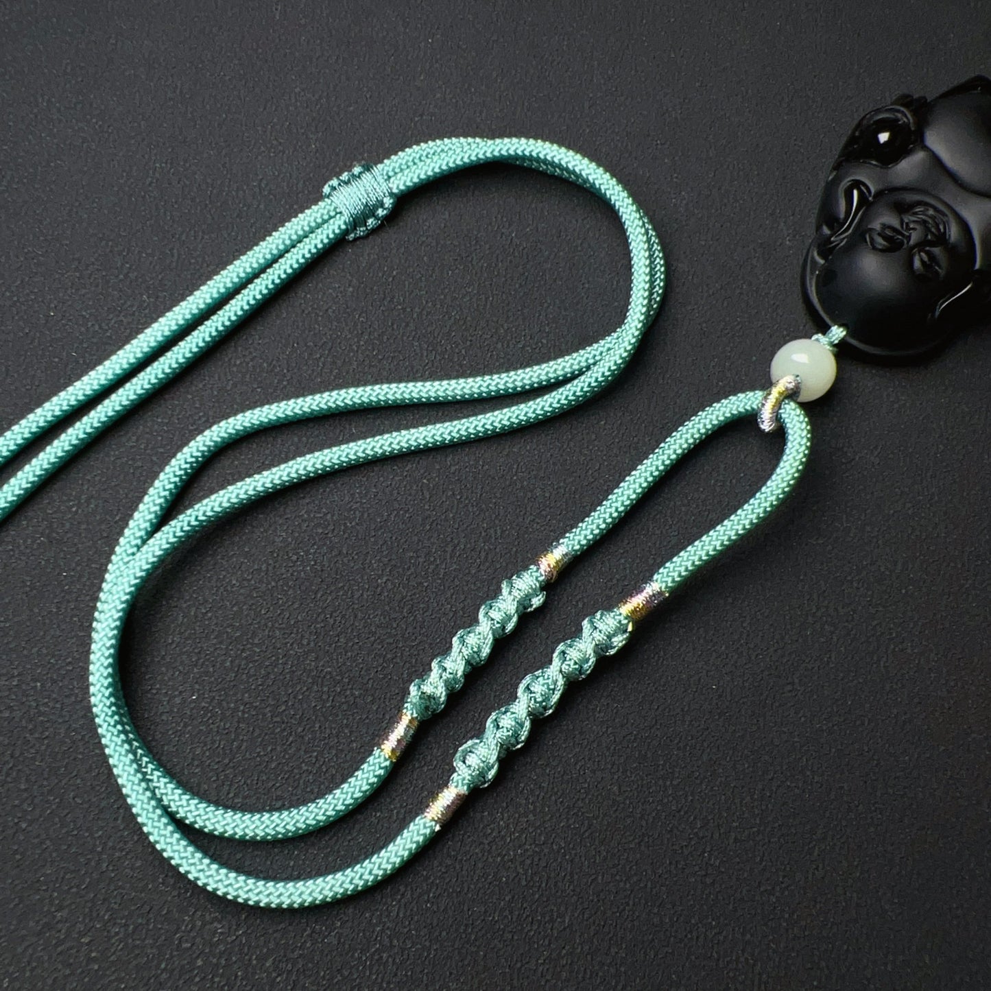 Premium Black Obsidian Buddha Pendant Necklace With Green Nephrite Jade Handmade Root Chakra Healing Jewelry