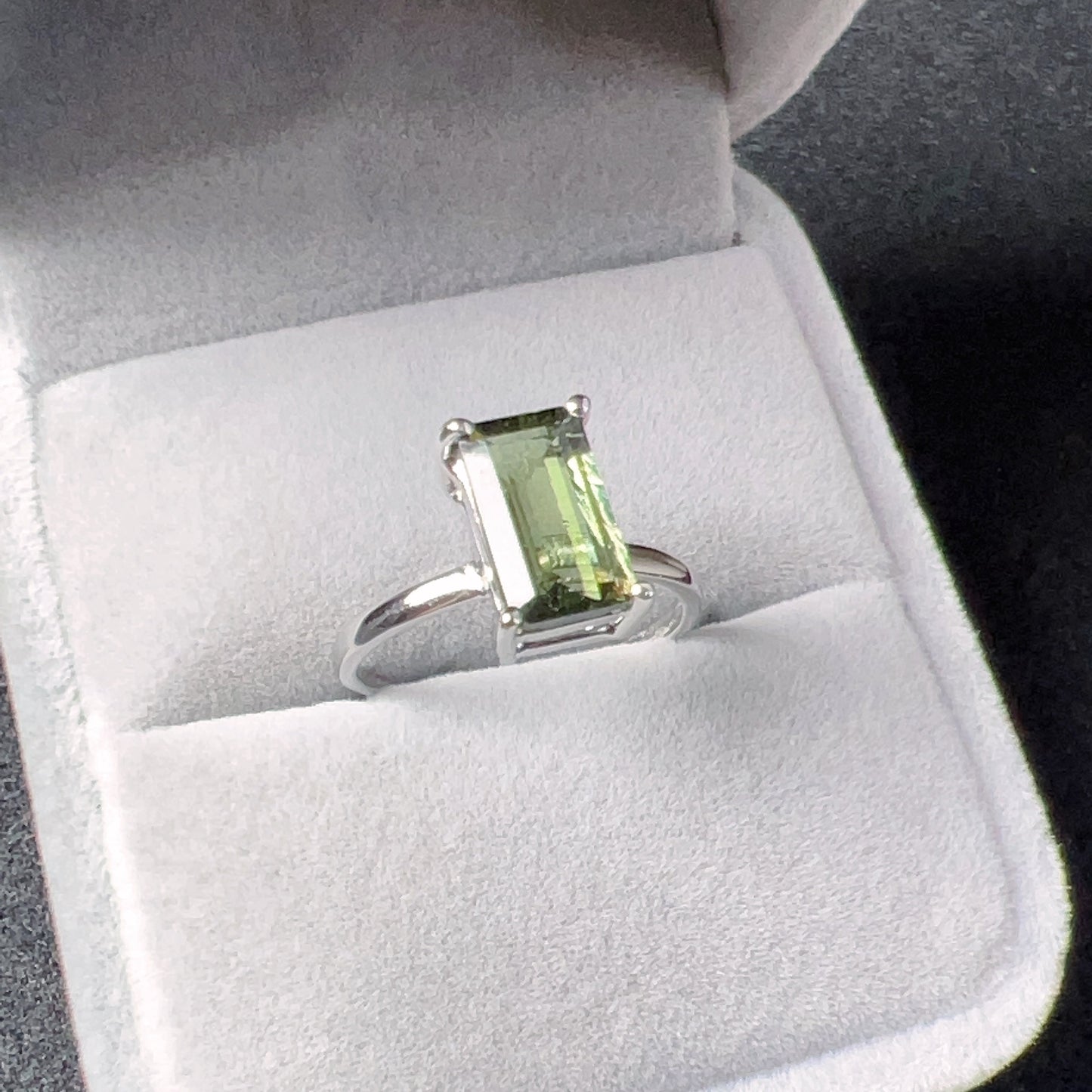 Top Grade Baguette Cut Moldavite Ring | Natural Czech Green Gemstone | Rare High-Frequency Heart Chakra Healing Stone