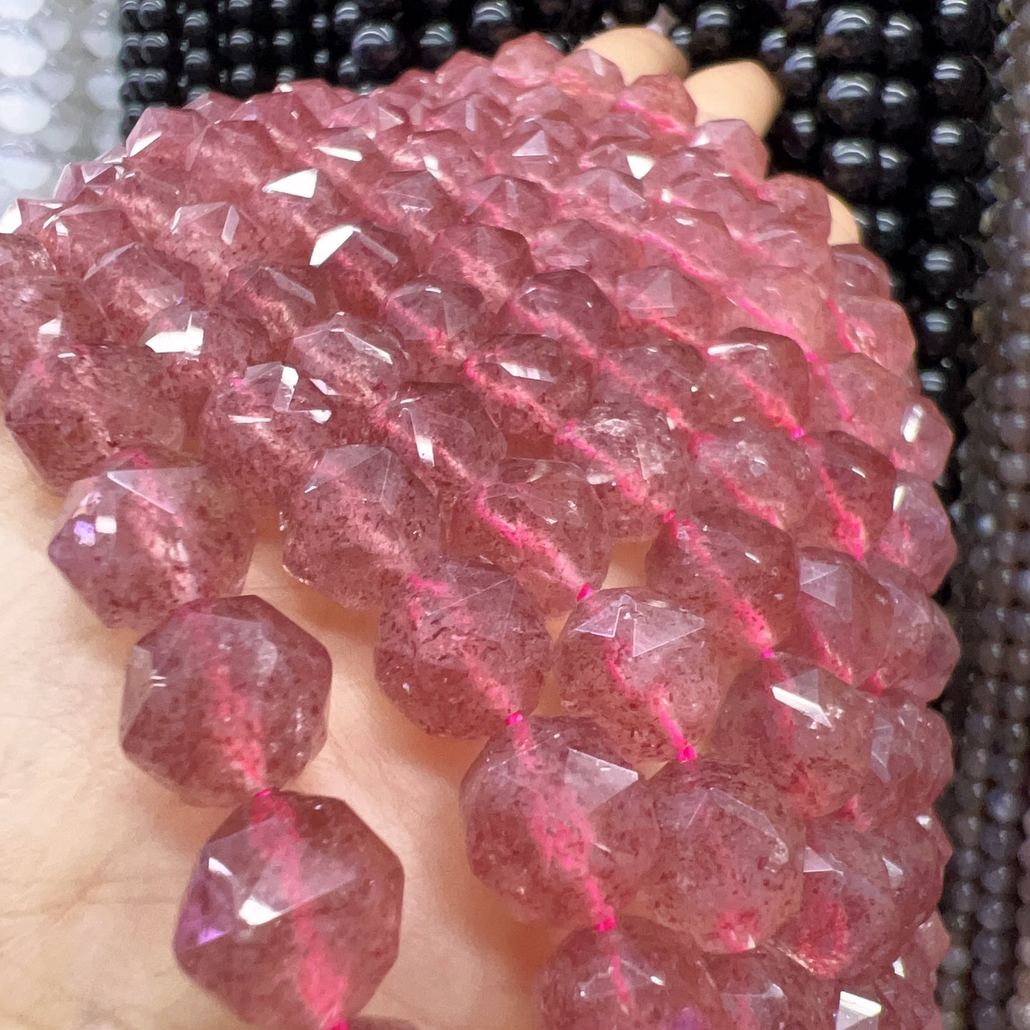 9.5Mm High-Quality Natural Strawberry Quartz Diamond Cut Faceted Bead Strands Jewelry Findings Supplies