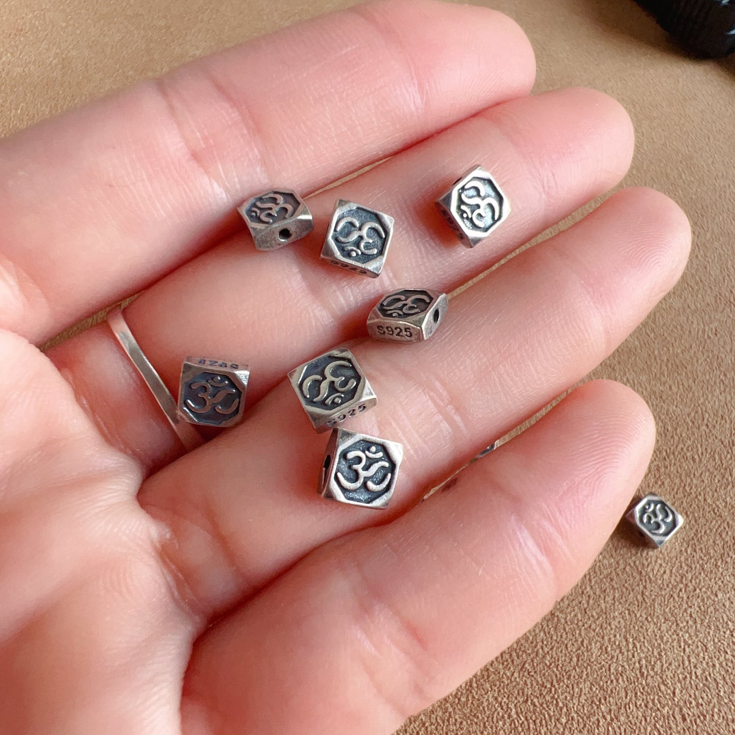 10 Pcs 925 Sterling Silver Double-Side Om Symbol Bead Charm Handmade Diy Jewelry Making Supply