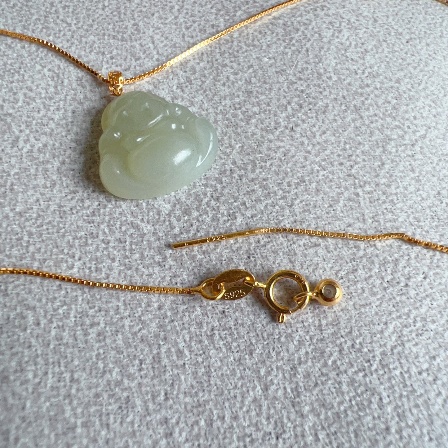 High-Quality Light Green Nephrite Jade Happy Buddha Pendant With 18K Yellow Gold Buckle | 925 Sterling Silver Necklace | Heart Chakra Healing Gemstone