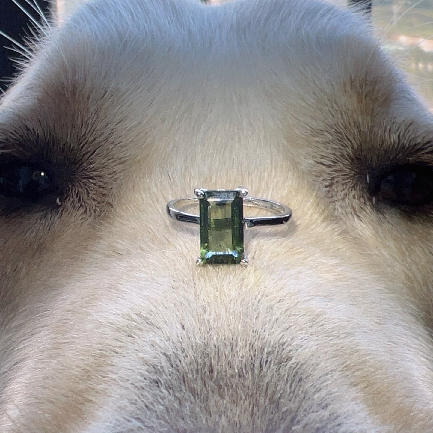 Top Grade Baguette Cut Moldavite Ring | Natural Czech Green Gemstone | Rare High-Frequency Heart Chakra Healing Stone