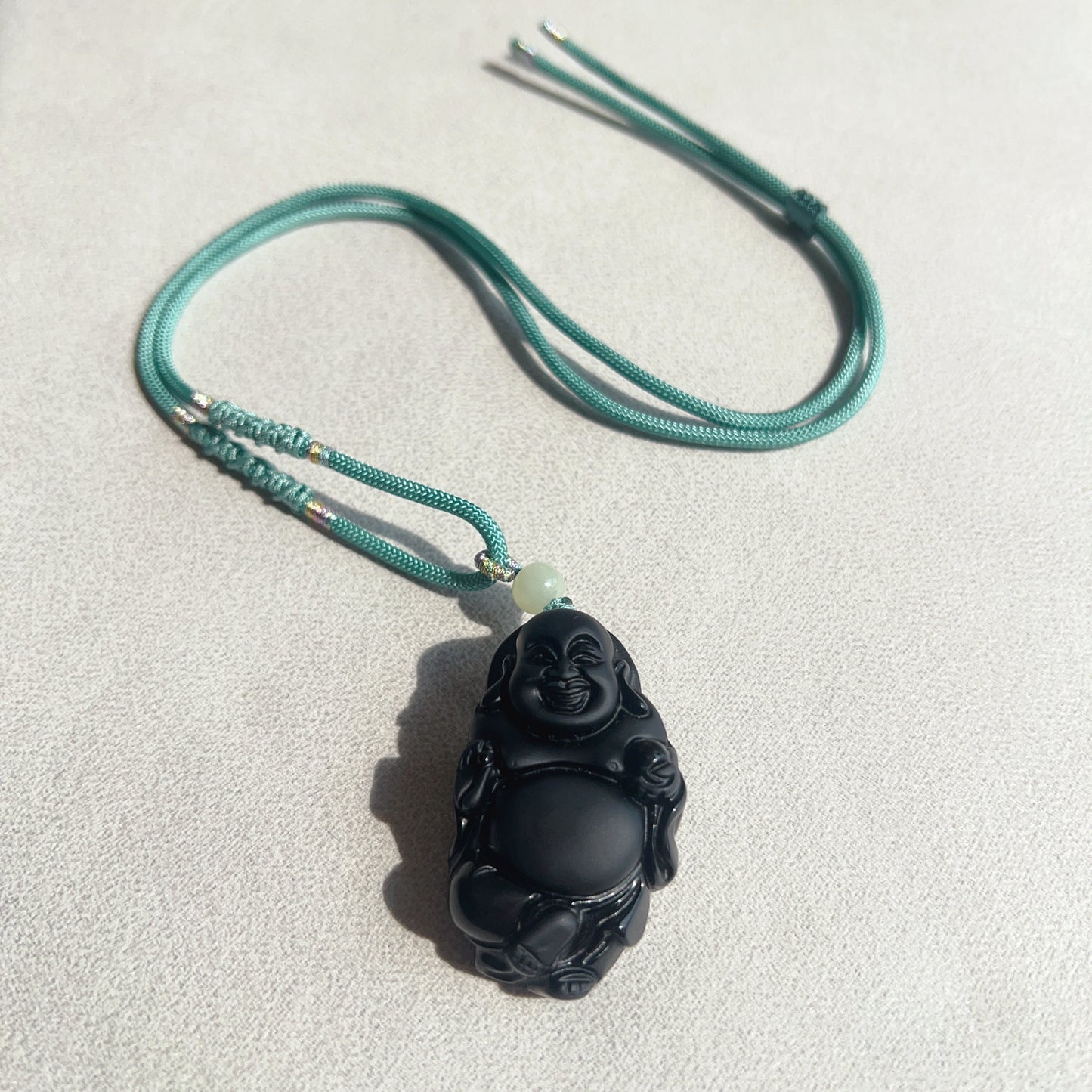 Premium Black Obsidian Buddha Pendant Necklace With Green Nephrite Jade Handmade Root Chakra Healing Jewelry