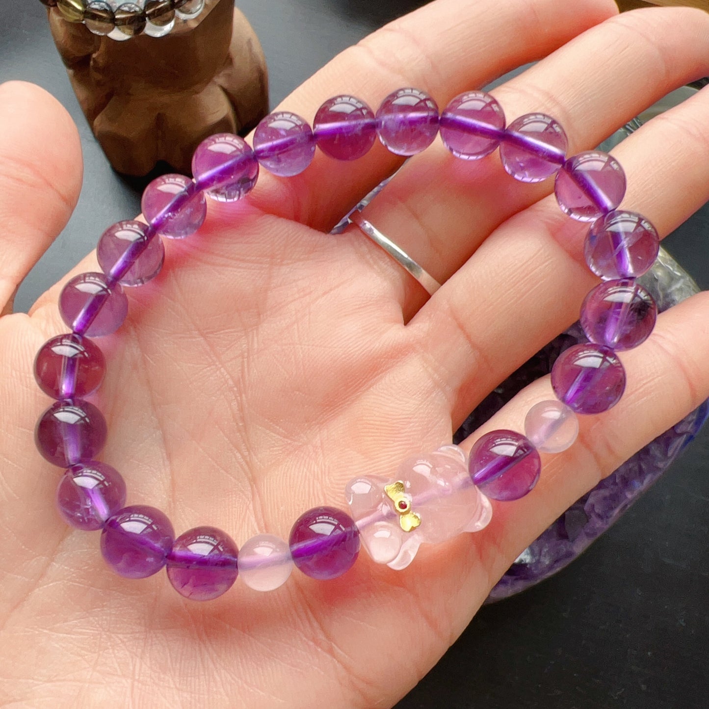 Natural Amethyst Healing Bracelet With Gummy Bear Charm | Custom Crown Chakra Jewelry For Energy Healing And Wellness