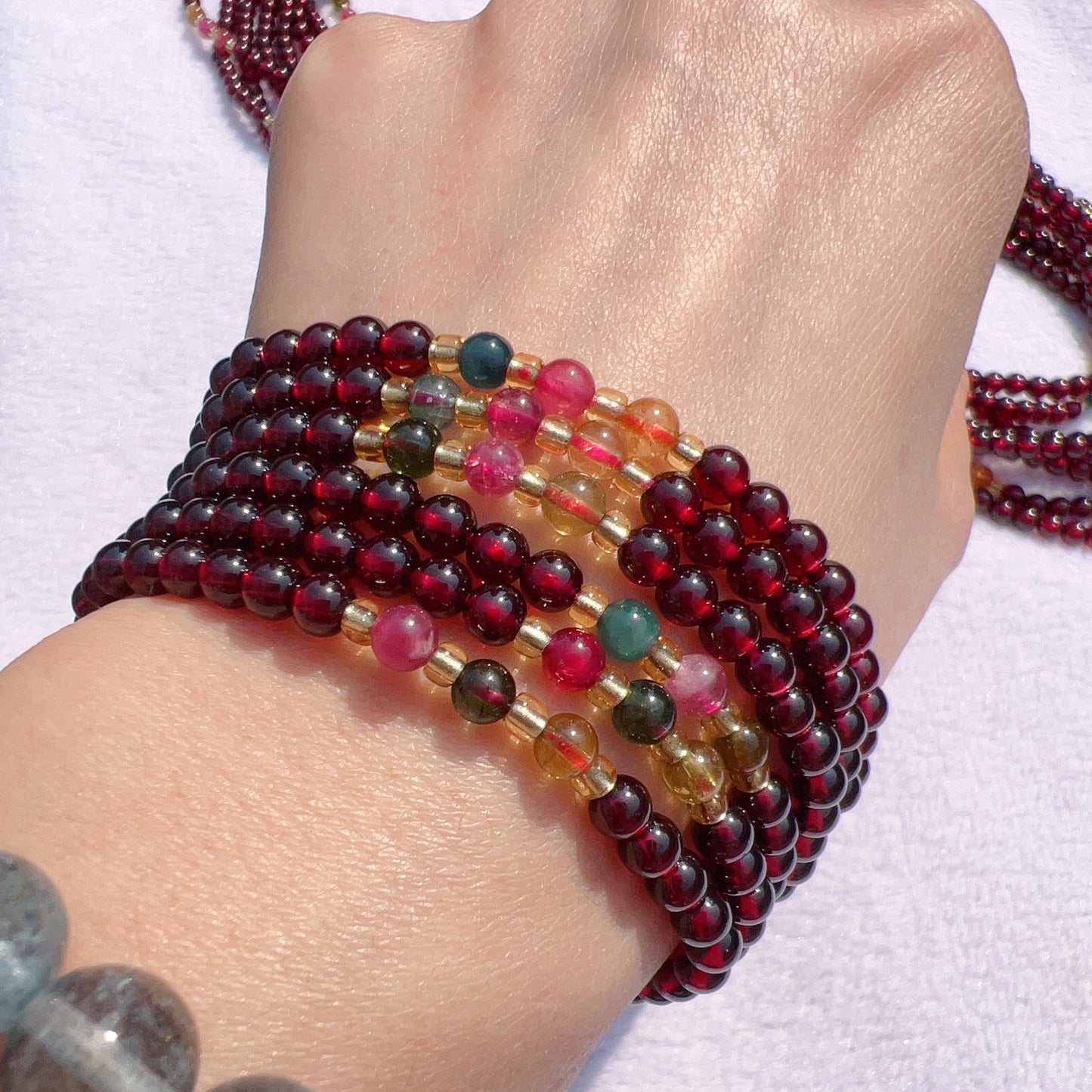High-Quality Natural Red Garnet Rainbow Tourmaline 3-Wraps Bracelets Customized Jewelry Wholesale