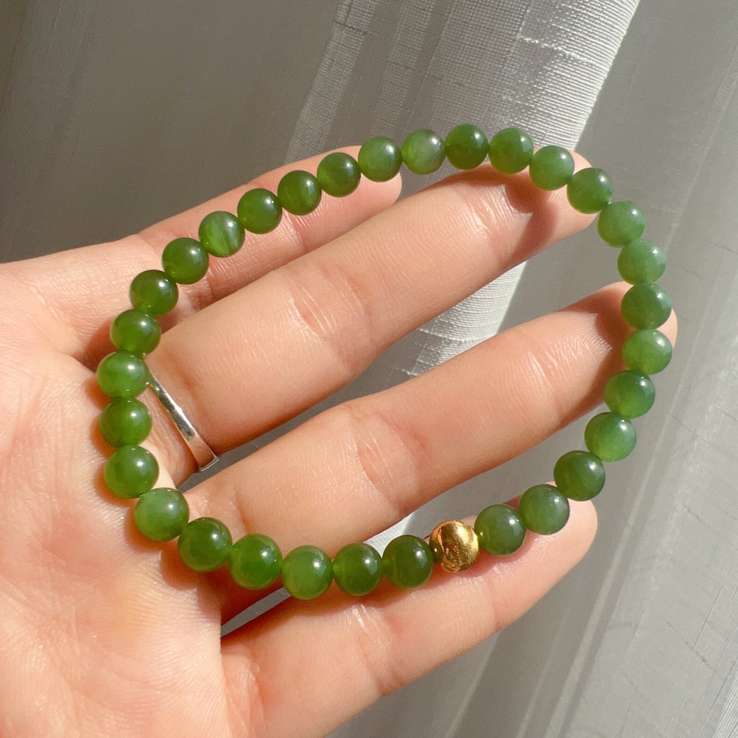 Best Green Nephrite Jade Bracelet With 18K Yellow Gold Cat Eye Bead | Natural Heart Chakra Healing Stone Jewelry