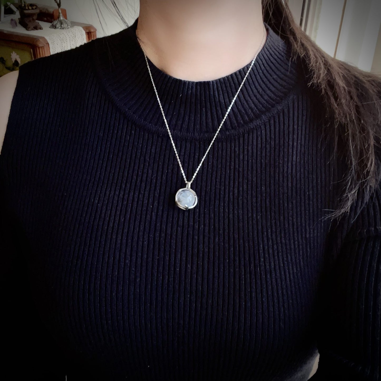 Angel’S Feathers Blue Needle Quartz Sphere Pendant Necklace Handmade With 925 Sterling Silver