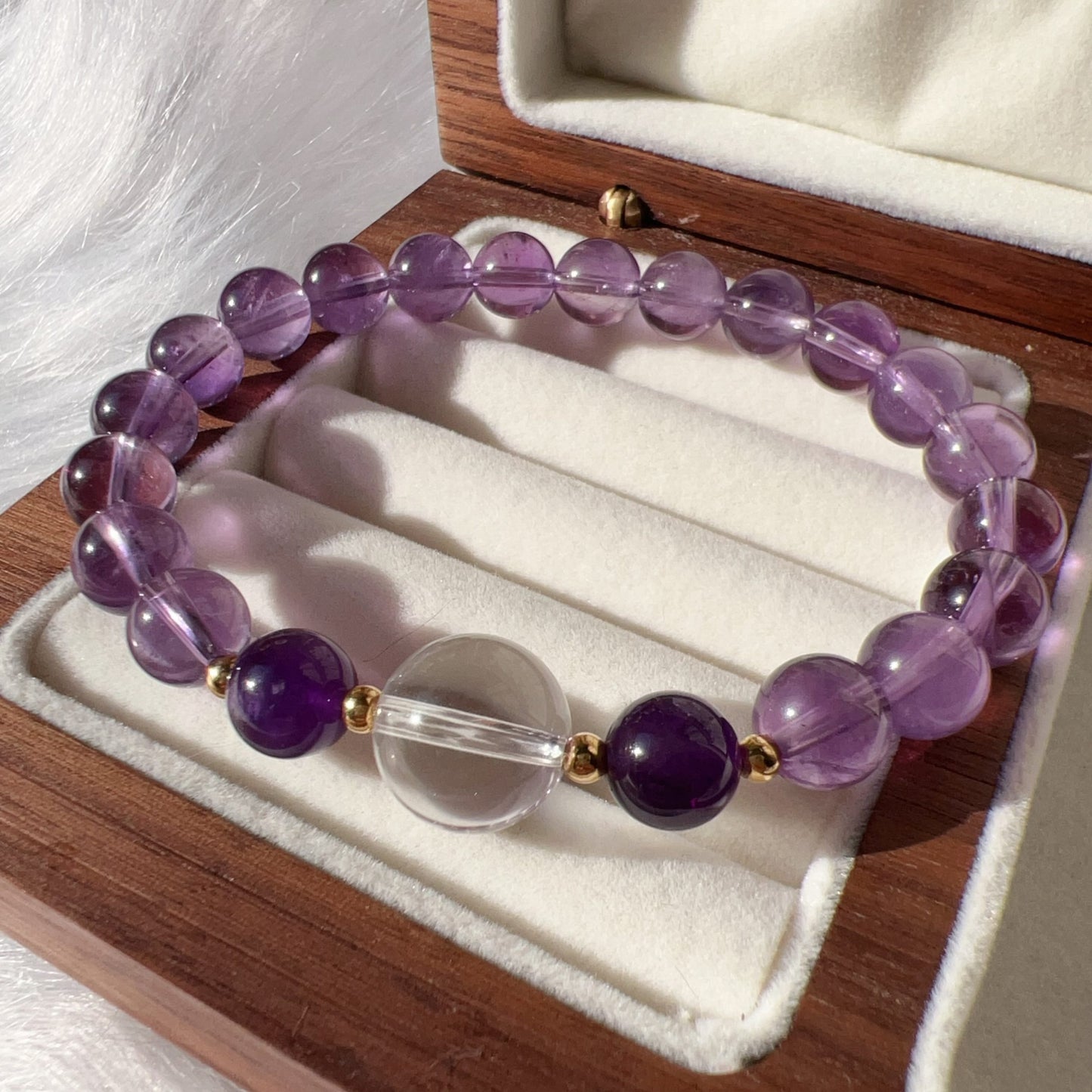 Custom-Made Amethyst & Clear Quartz Bracelet With 18K Yellow Gold | Natural Healing Stone For Crown Chakra Meditation