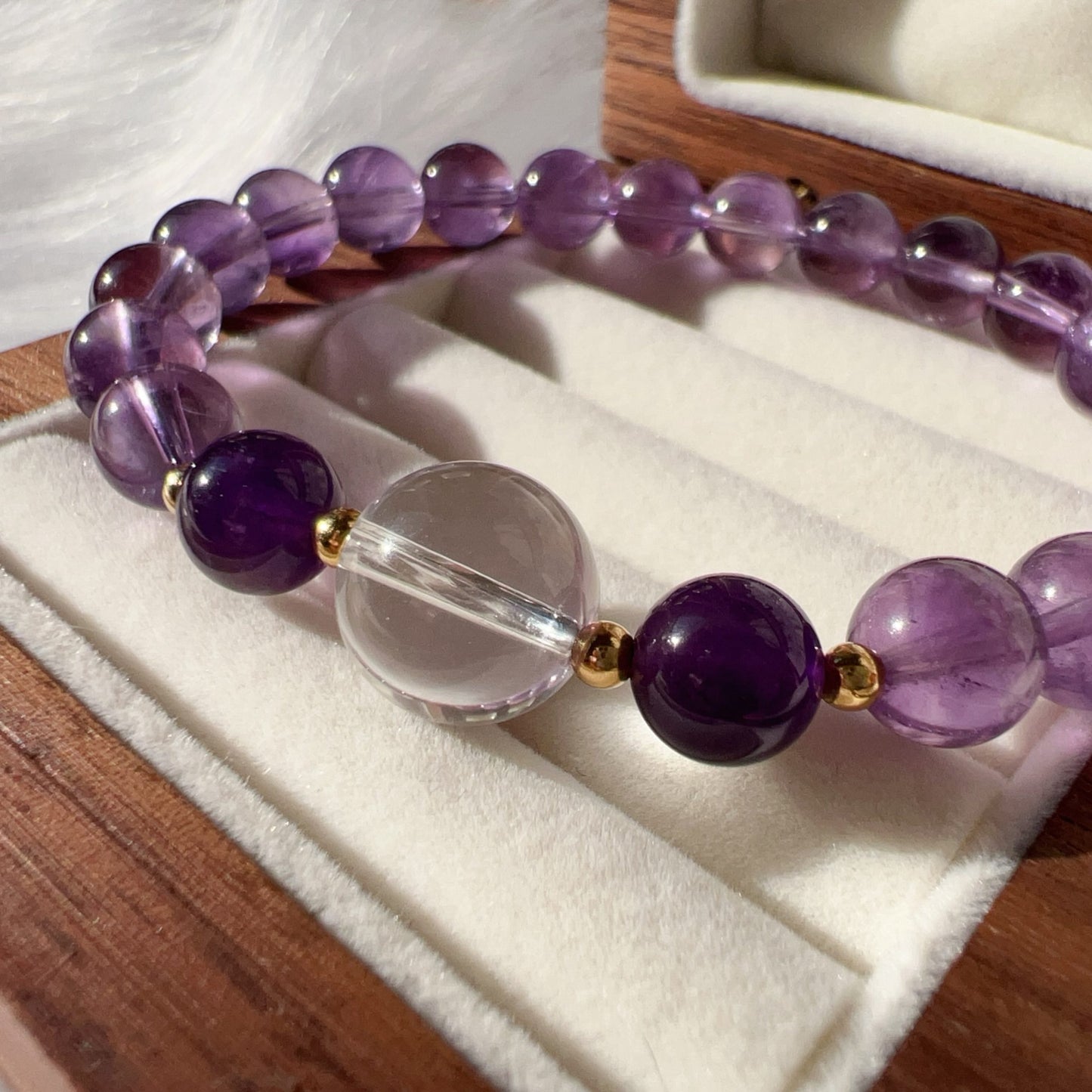 Custom-Made Amethyst & Clear Quartz Bracelet With 18K Yellow Gold | Natural Healing Stone For Crown Chakra Meditation