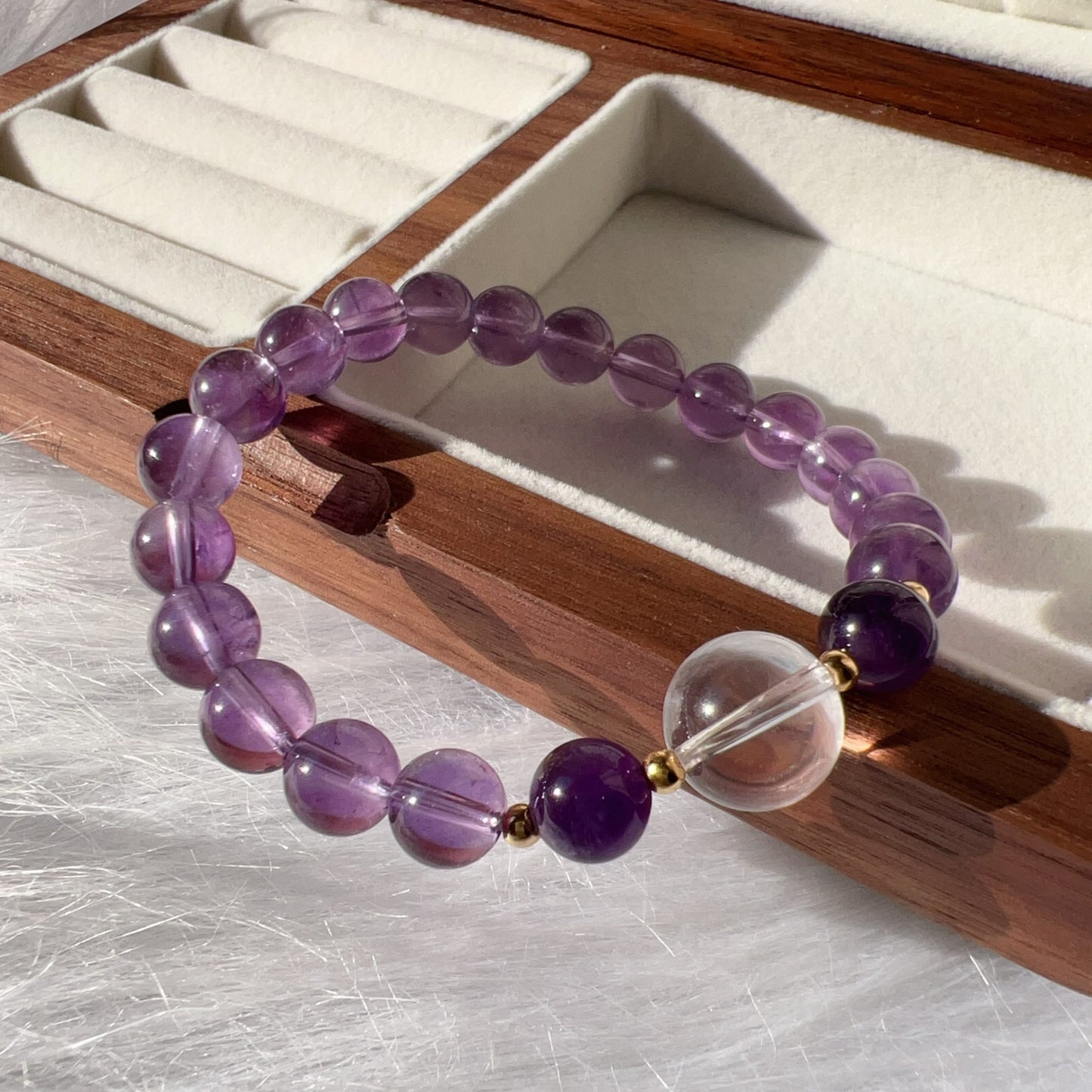 Custom-Made Amethyst & Clear Quartz Bracelet With 18K Yellow Gold | Natural Healing Stone For Crown Chakra Meditation