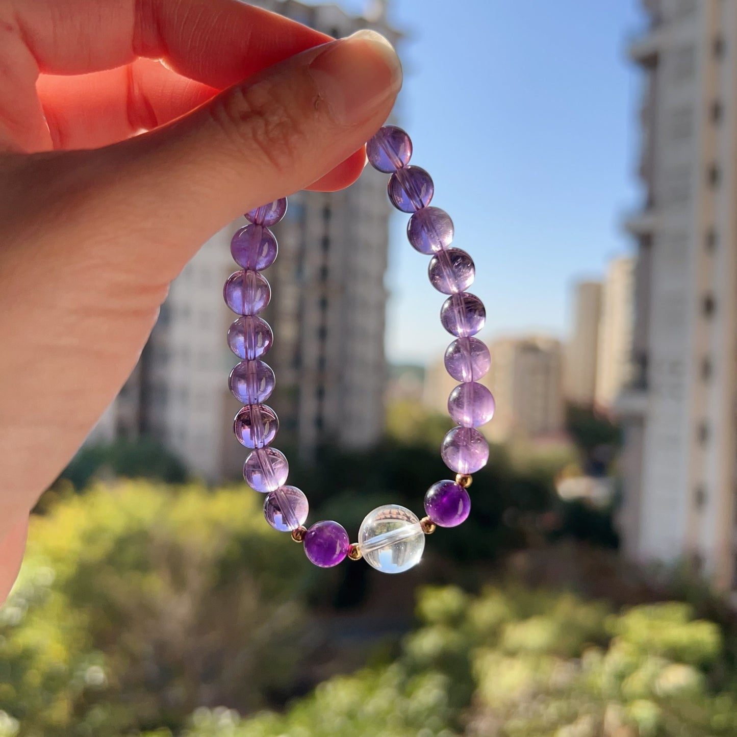 Custom-Made Amethyst & Clear Quartz Bracelet With 18K Yellow Gold | Natural Healing Stone For Crown Chakra Meditation