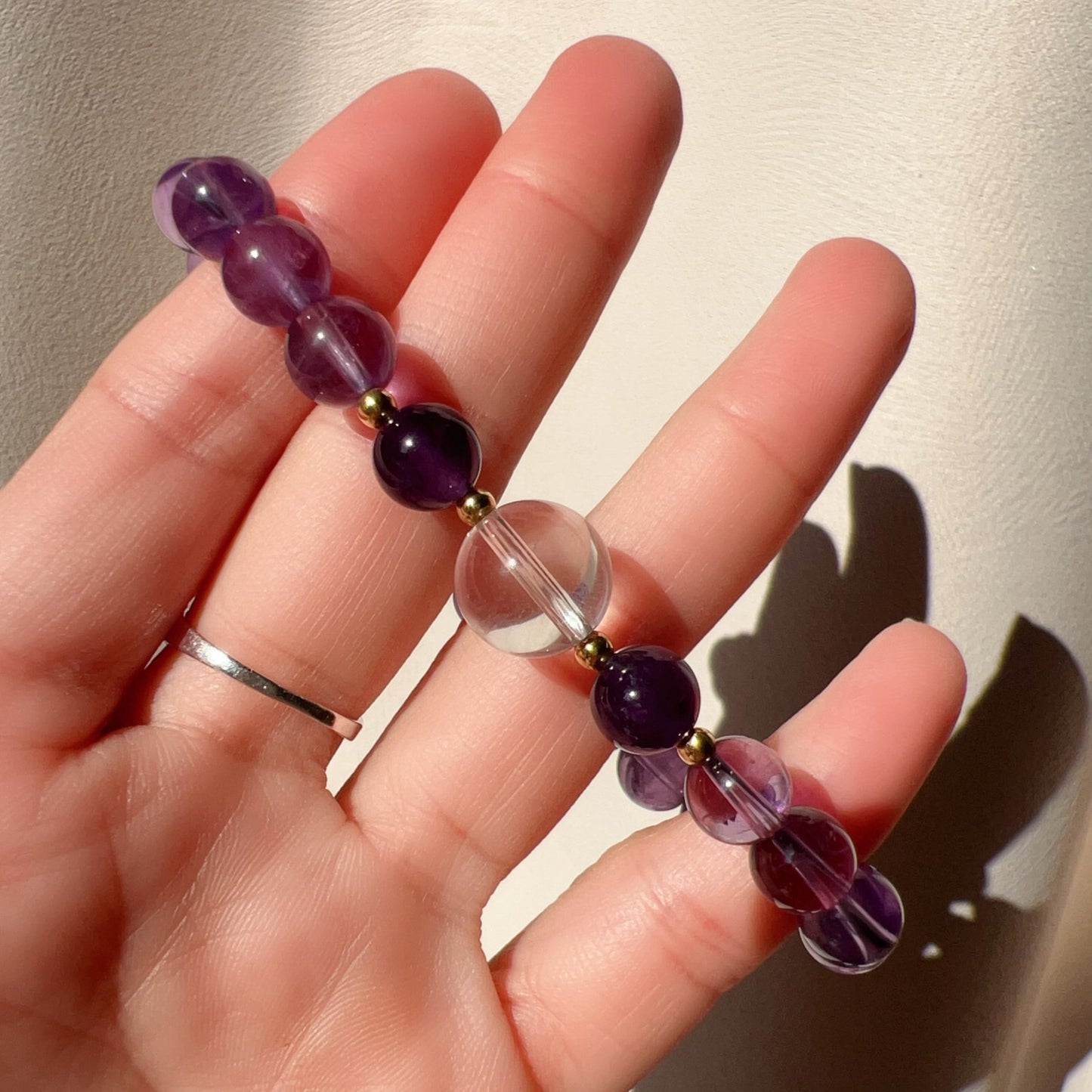 Custom-Made Amethyst & Clear Quartz Bracelet With 18K Yellow Gold | Natural Healing Stone For Crown Chakra Meditation