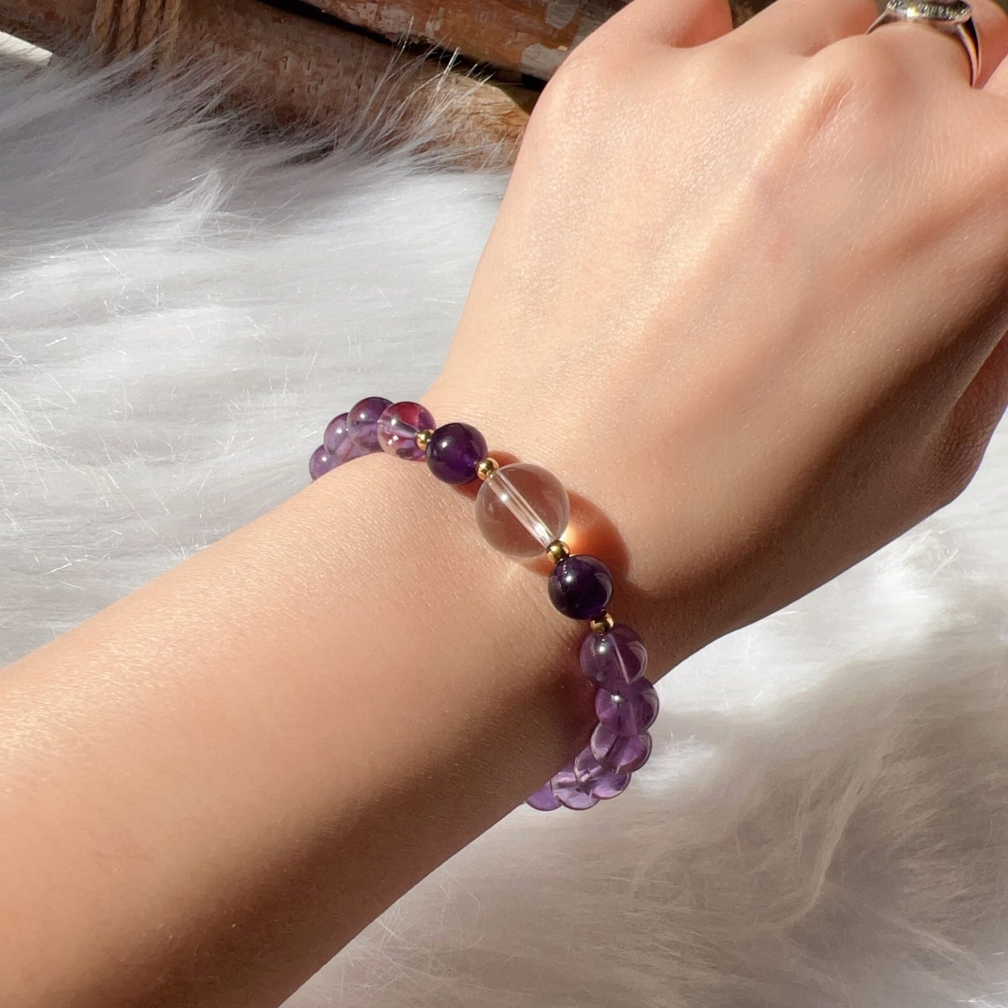Custom-Made Amethyst & Clear Quartz Bracelet With 18K Yellow Gold | Natural Healing Stone For Crown Chakra Meditation