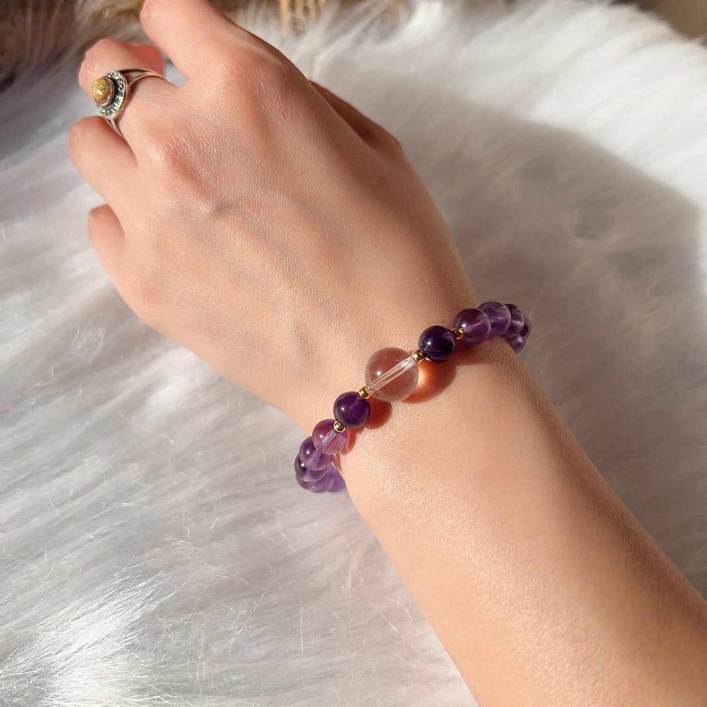 Custom-Made Amethyst & Clear Quartz Bracelet With 18K Yellow Gold | Natural Healing Stone For Crown Chakra Meditation