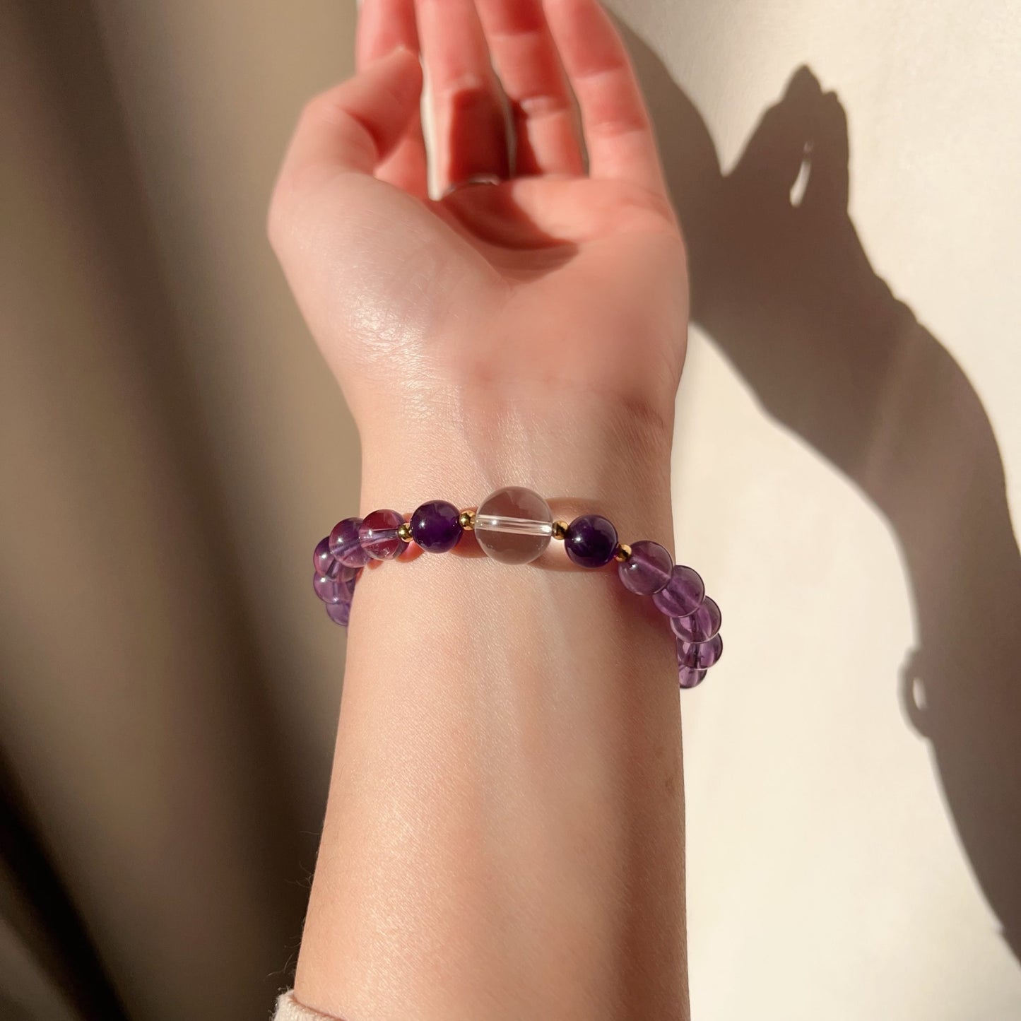 Custom-Made Amethyst & Clear Quartz Bracelet With 18K Yellow Gold | Natural Healing Stone For Crown Chakra Meditation