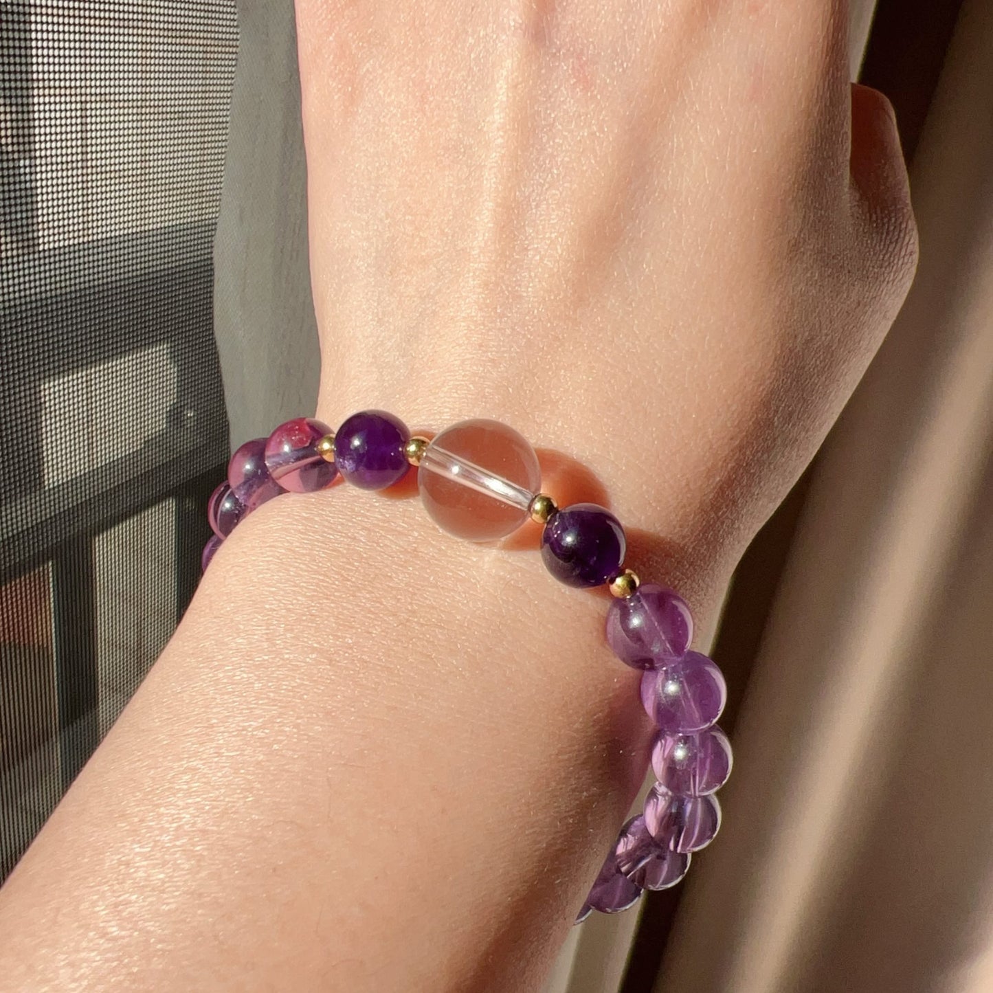 Custom-Made Amethyst & Clear Quartz Bracelet With 18K Yellow Gold | Natural Healing Stone For Crown Chakra Meditation