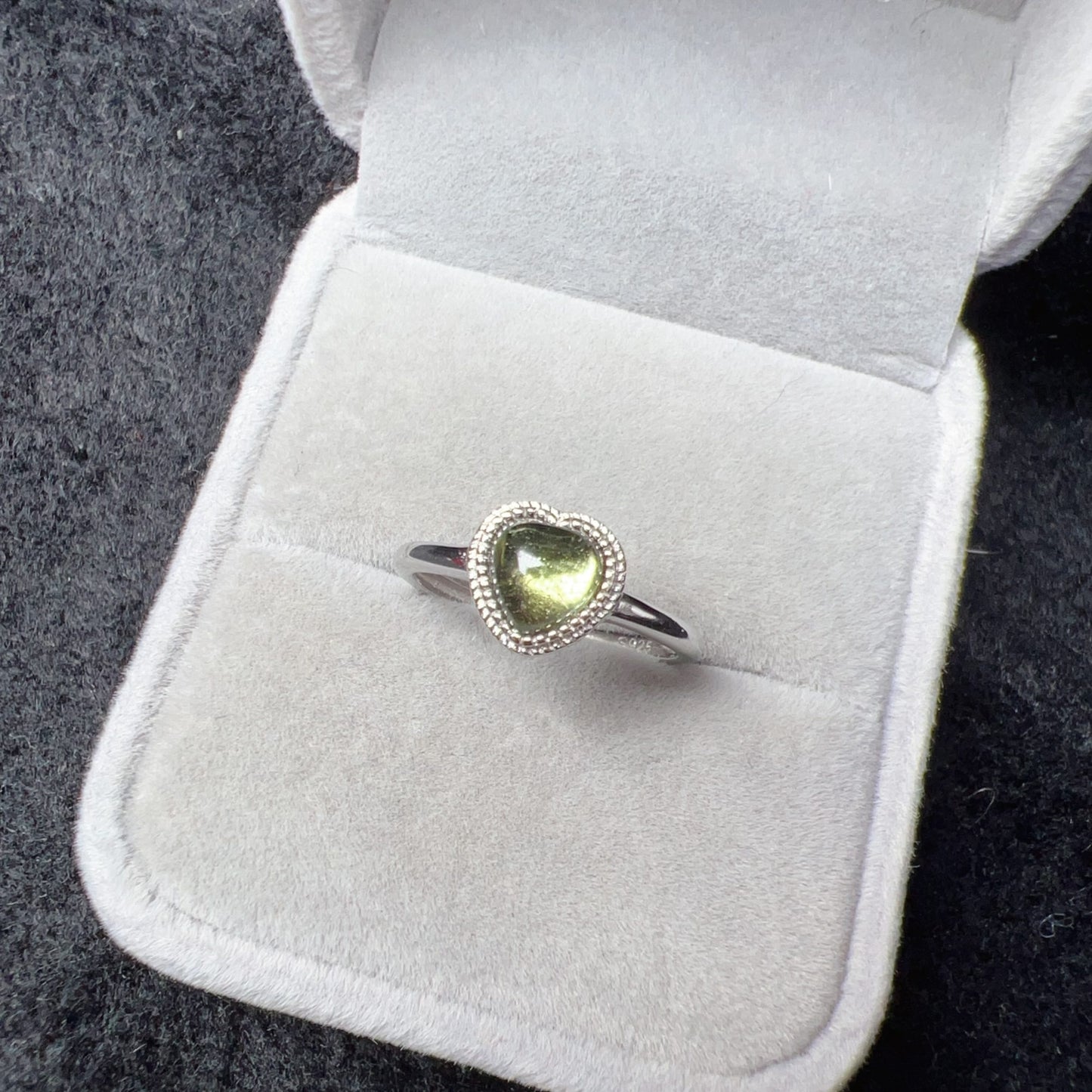 Custom-Made Loving Heart Shape Moldavite Ring With 925 Sterling Silver Adjustable Style
