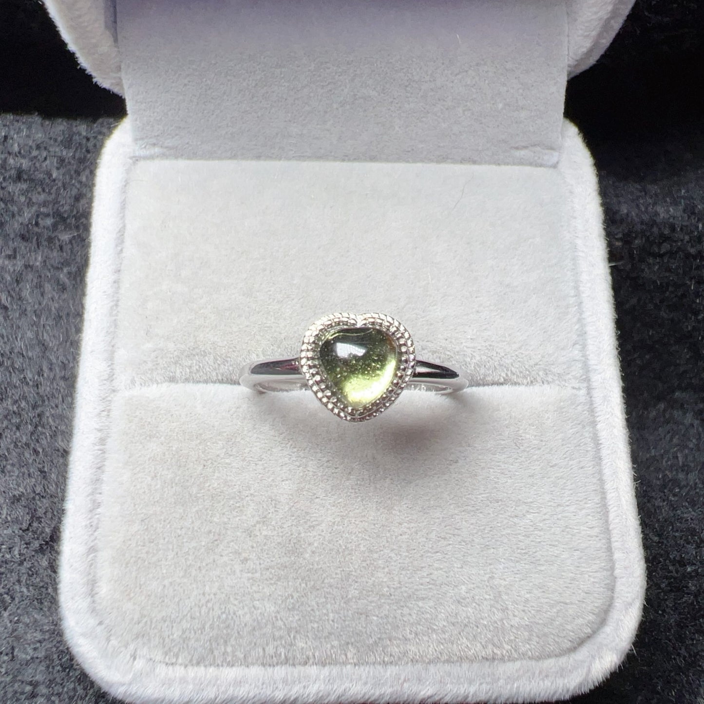Custom-Made Loving Heart Shape Moldavite Ring With 925 Sterling Silver Adjustable Style
