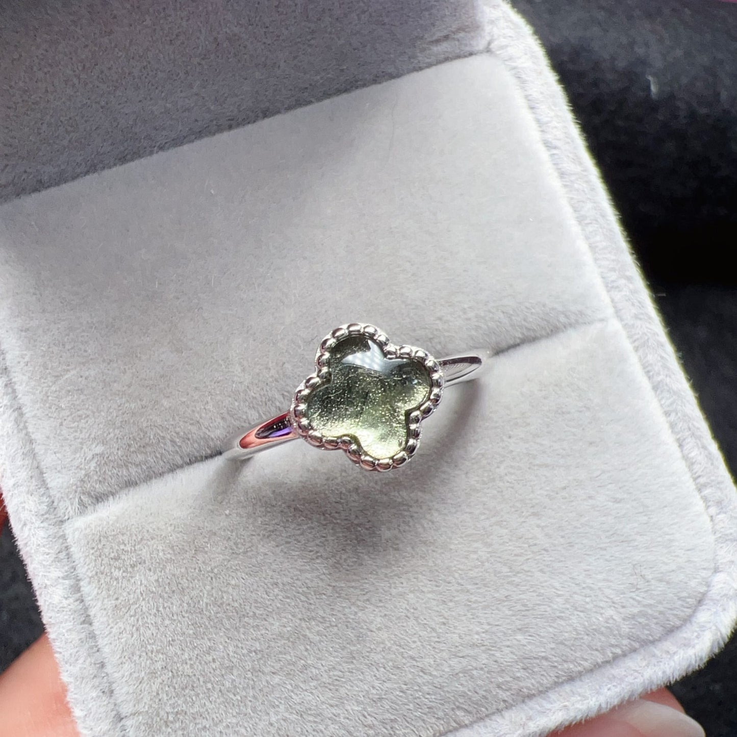 Lucky Charm Moldavite Clover Ring | 925 Sterling Silver Jewelry | Energy Healing Gift