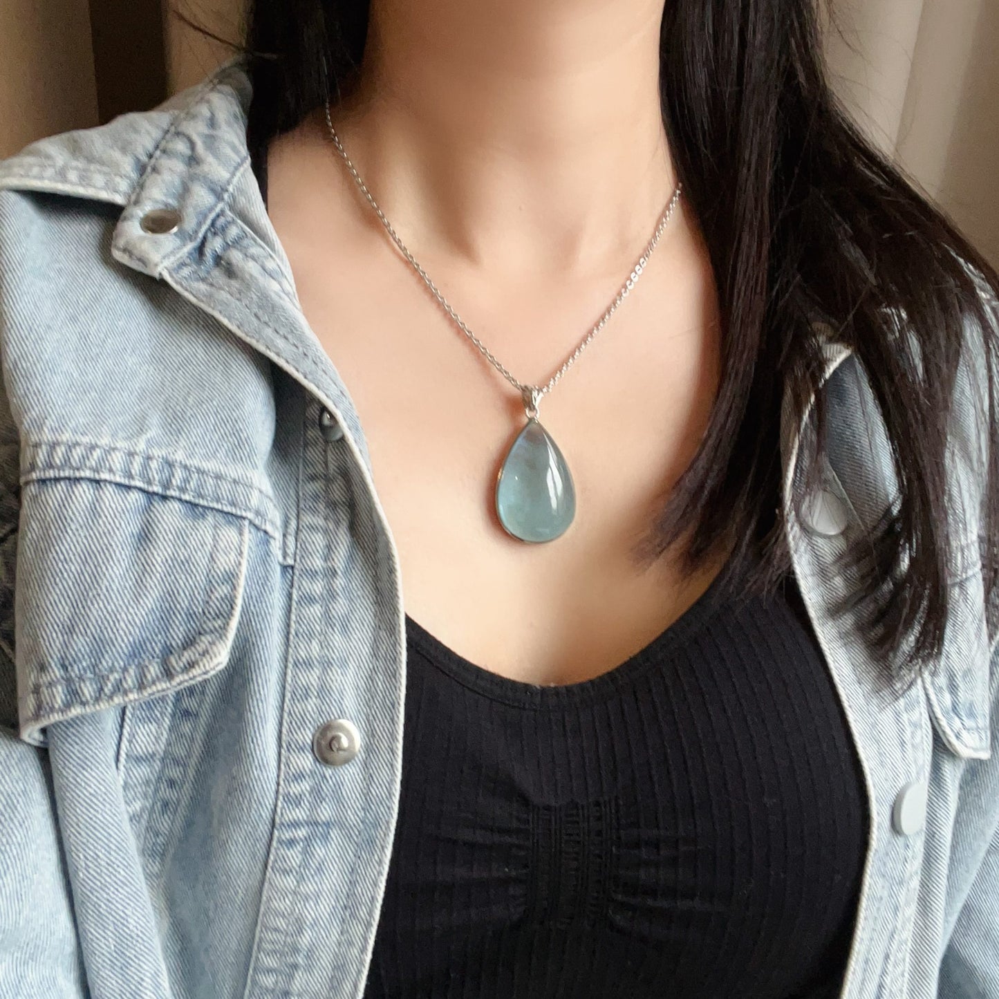 Aquamarine Pendant Necklace – Natural Water-Drop Shape Throat Chakra Healing Crystal In 925 Sterling Silver