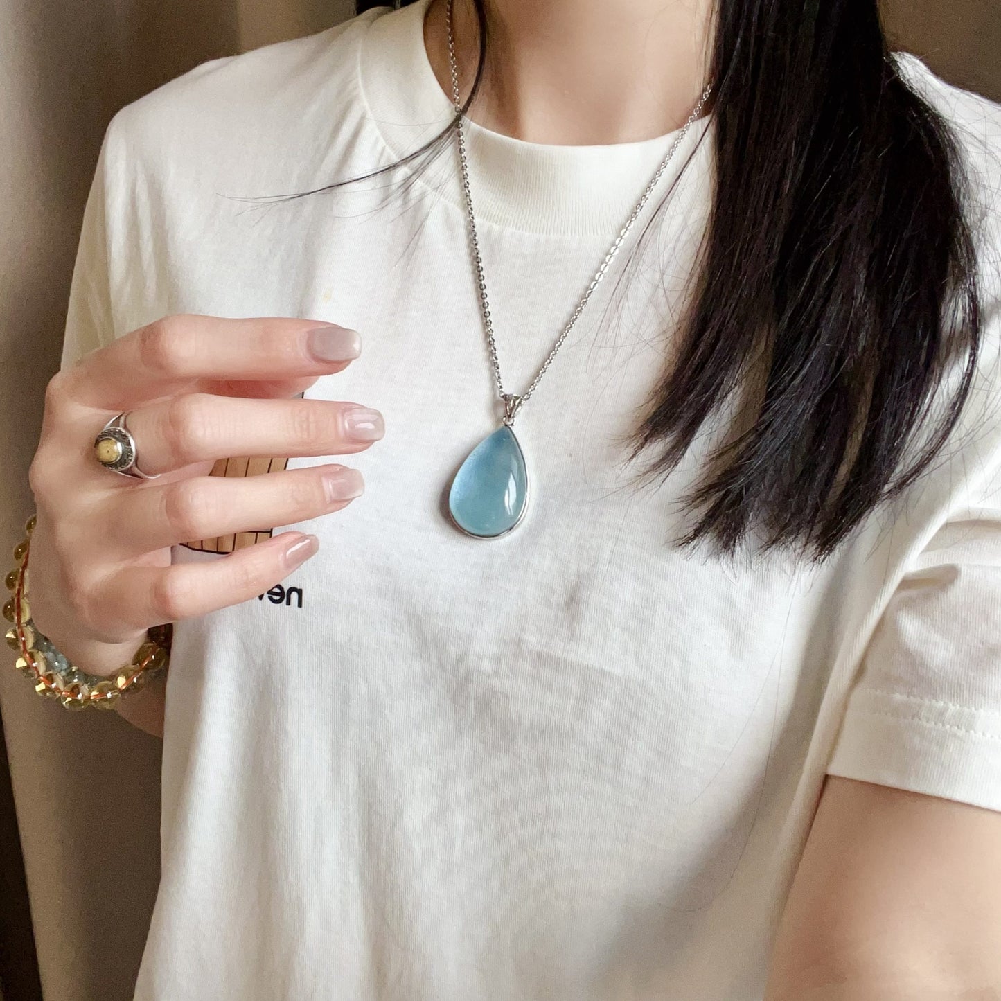Aquamarine Pendant Necklace – Natural Water-Drop Shape Throat Chakra Healing Crystal In 925 Sterling Silver