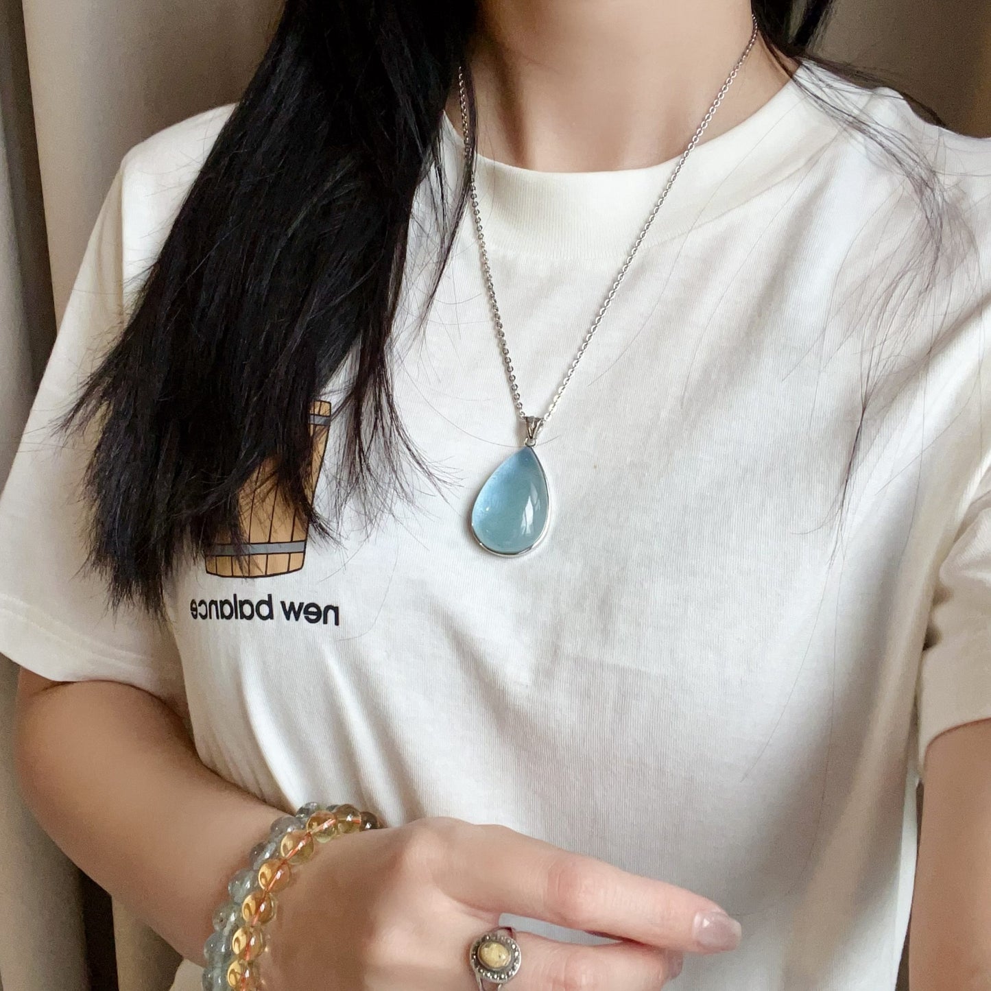 Aquamarine Pendant Necklace – Natural Water-Drop Shape Throat Chakra Healing Crystal In 925 Sterling Silver